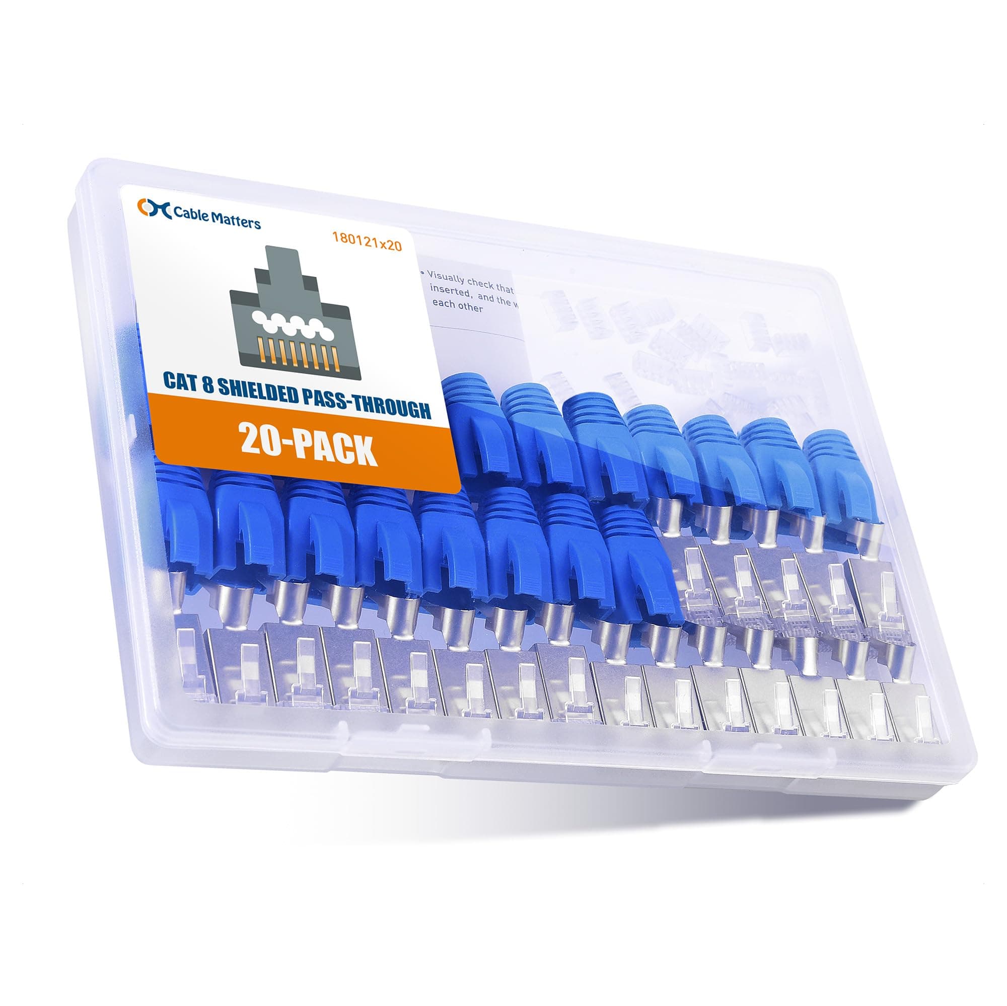 Cable Matters 20-Pack 23-24AWG Shielded Cat8 RJ45 Pass Through Connector with Load Bar & Strain Relief Boots, Cat 8 Pass-Through RJ45 Plugs, NOT Compatible with 22AWG Cable