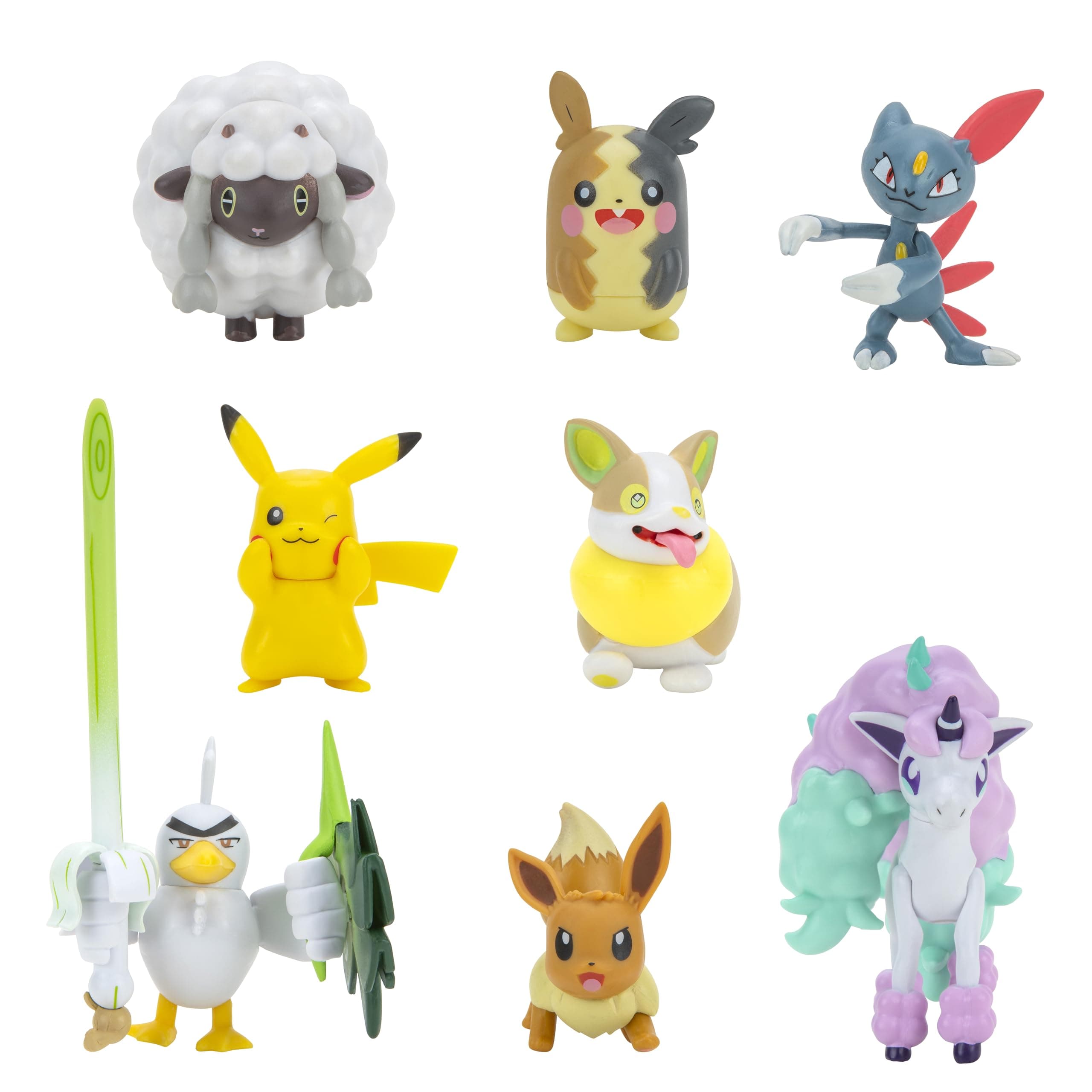 Pokemon Figure Battle Ready! 8-Pack Toy Set - Sword and Shield - 4.5" Ponyta & 2" Pikachu, Eevee, Wooloo, Sneasel, Yamper, Sirfetch'd, Morpeko - Gift for Kids, Boys, Girls - 4+