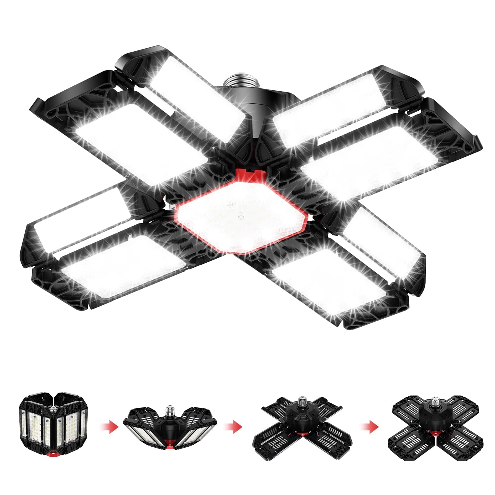 200W LED Garage Light 1 Pack - 20000LM 6500K Deformable Ceiling Lighting Fixture with 12 Adjustable Panels - E26/E27 Bay Light for Garage | Basement | Shop | Workshop | Barn | Warehouse Energy Save