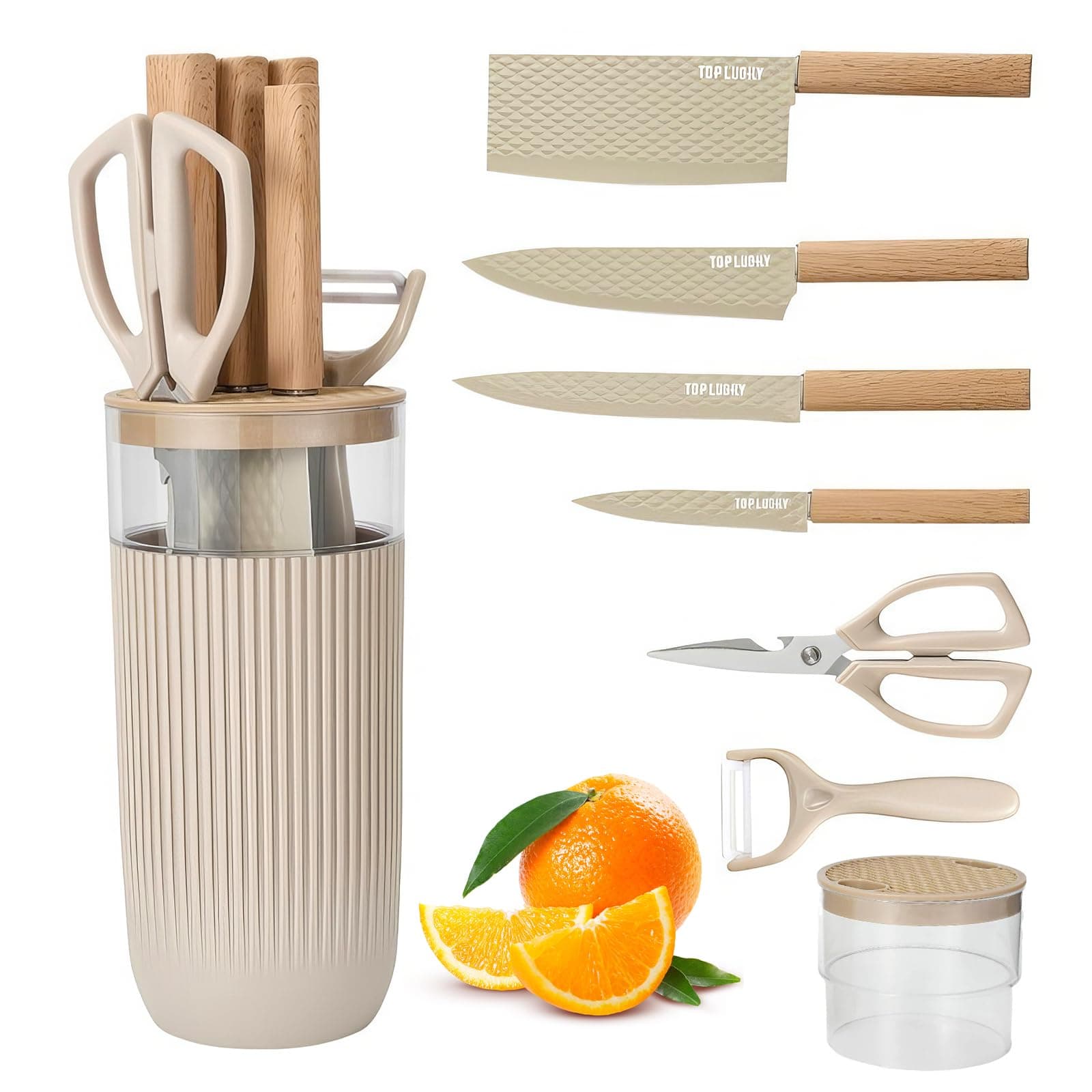 Knife Set, 7 Pieces Professional Kitchen Knife Set with Universal Knife Block, Super Sharp Knife Block Set with Ergonomic Handle Non-stick Stainless Steel Knife Block Set (Beige)