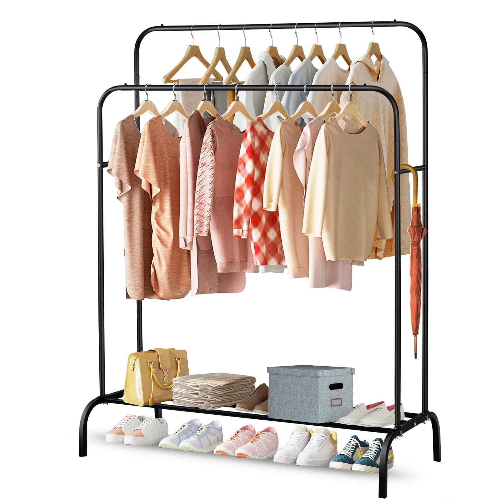 SKY-TOUCH Double-Rail Clothes Rack|Multifunctional Heavy-duty Clothes Rack|Metal Freestanding Clothes Rail Garment|with Lower Storage Shelf|Hanging Rack Organizer for Bedroom|Black 110.5 * 50 * 152cm