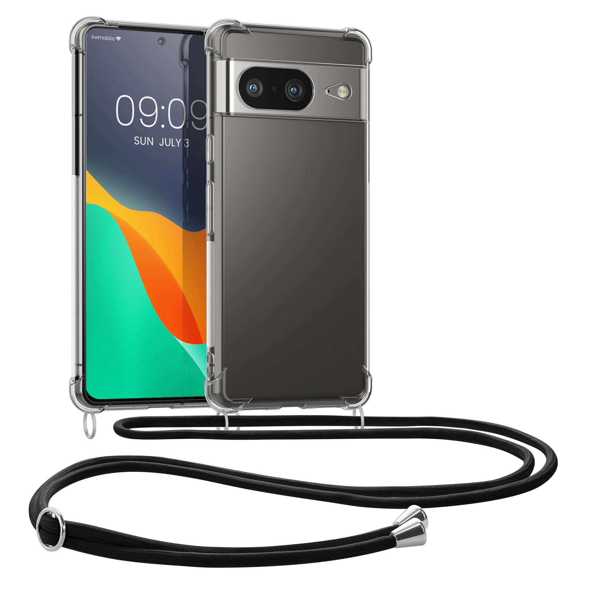 kwmobile Crossbody Case Compatible with Google Pixel 8 Case - Clear TPU Phone Cover w/Lanyard Cord Strap - Black/Transparent