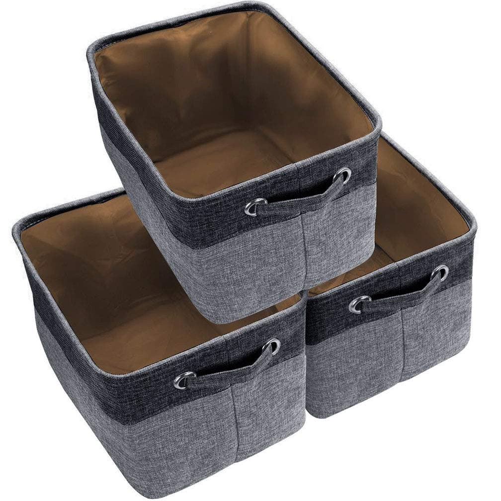 Closet Storage Bins [3-Pack] Foldable Storage Basket Collapsible Fabric Storage Boxes with Cotton Handles Organizer for Nursery Shelf, Closet, Office (Black, 15 x 9.8 x 8.6-3 Pack)