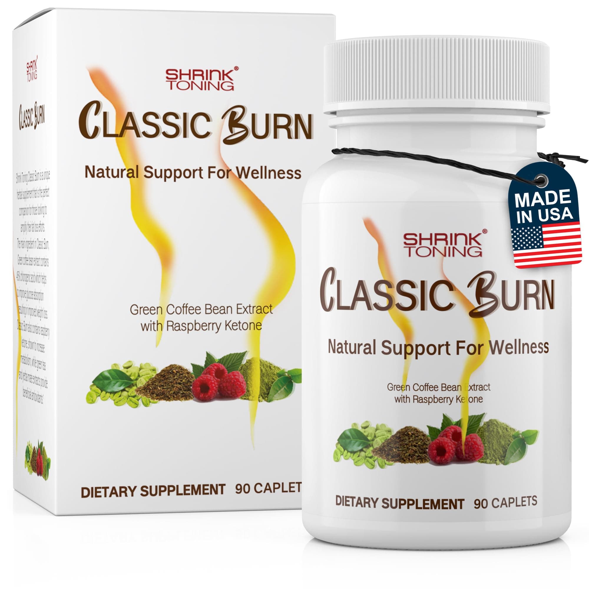 Shrink Classic Burn - Pure Green Coffee Bean Extract and Raspberry Ketones with 45% Chlorogenic Acid - 90 Capsules Organic Raspberry Leaf and Green Tea Extract for Maximum Body Management Support