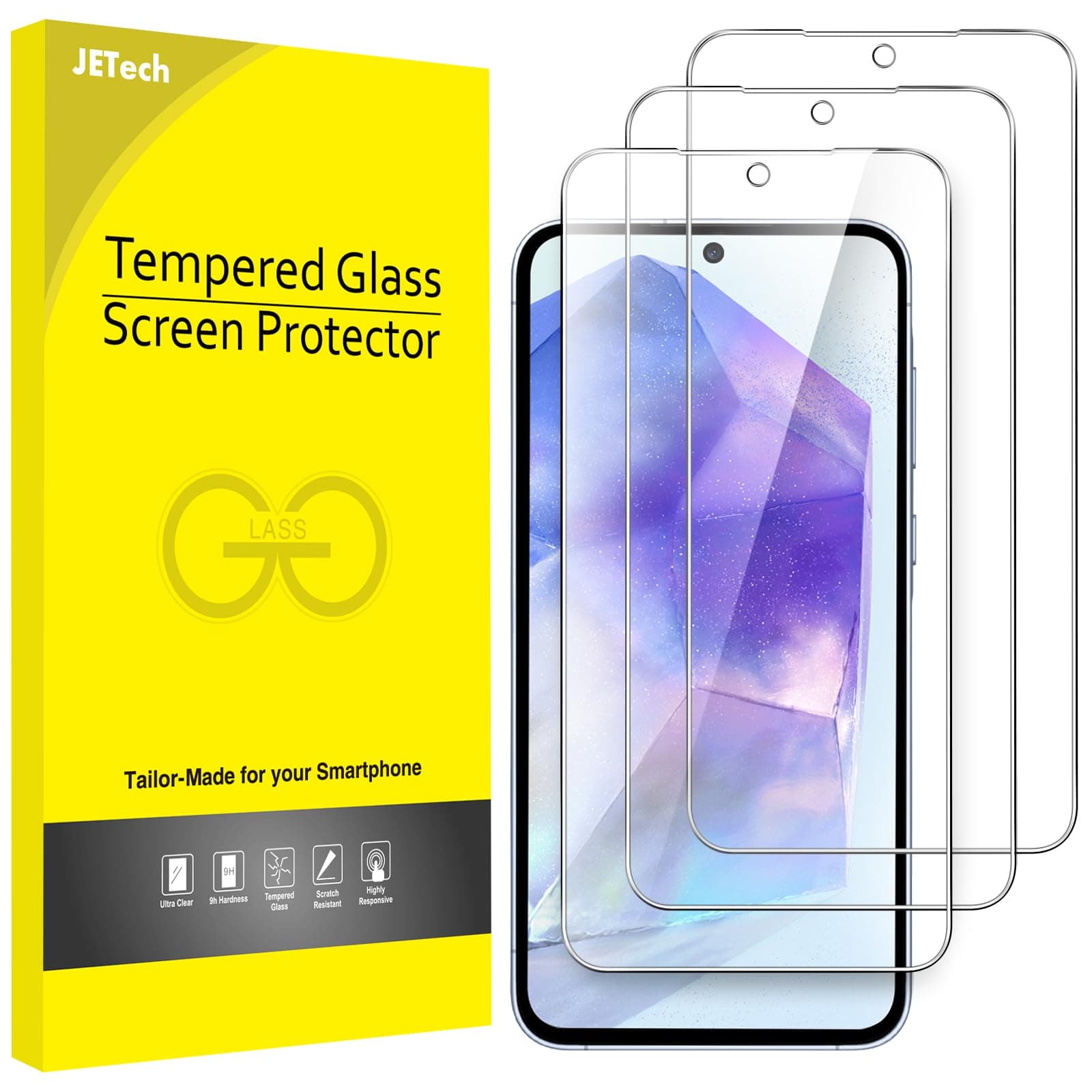 Screen Protector for Samsung Galaxy A55 5G 6.6-Inch, 9H Tempered Glass Film, Anti-Scratch, HD Clear, 3-Pack