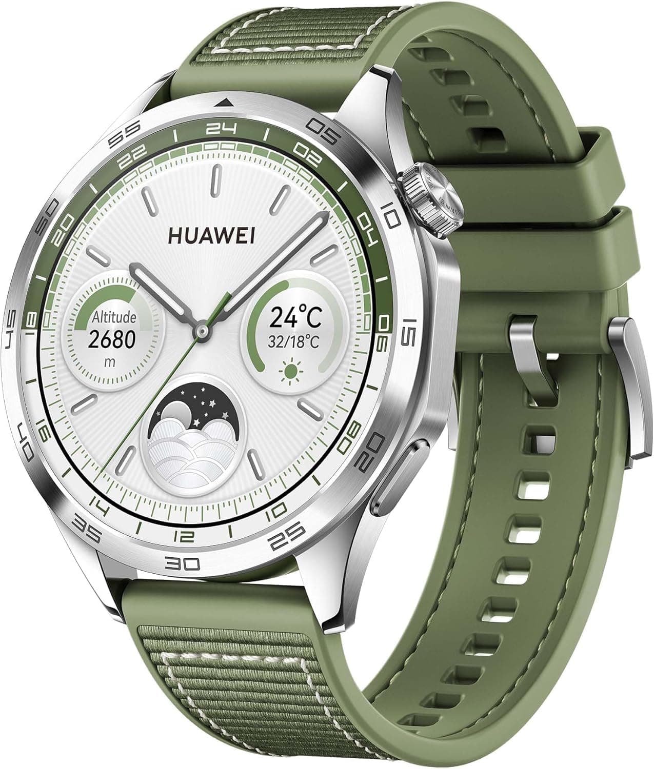 HUAWEI Watch GT 4 46 mm, GPS, iOS & Android, Stainless Steel Case, Smartwatch, Up to 2 Weeks Battery Life, Calorie Management, Professional Health Management, SpO2, Green Fluoroelastomer Strap