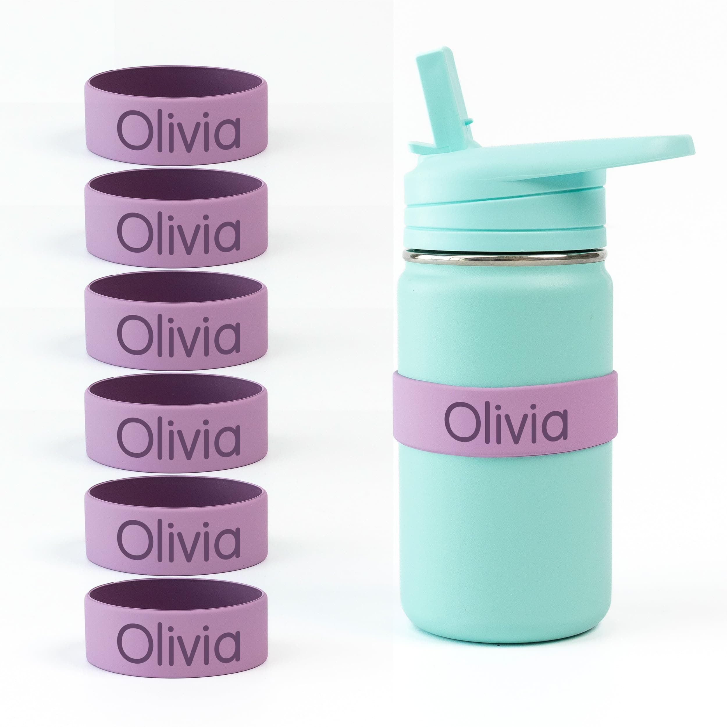 Mabel’s Labels Personalized Two-Tone Engraved Silicone Name Bands – Reusable Dishwasher-Safe Name Bands for Water Bottles, Sippy Cups & Drinkware (Purple & Light Purple, 6 Pack)