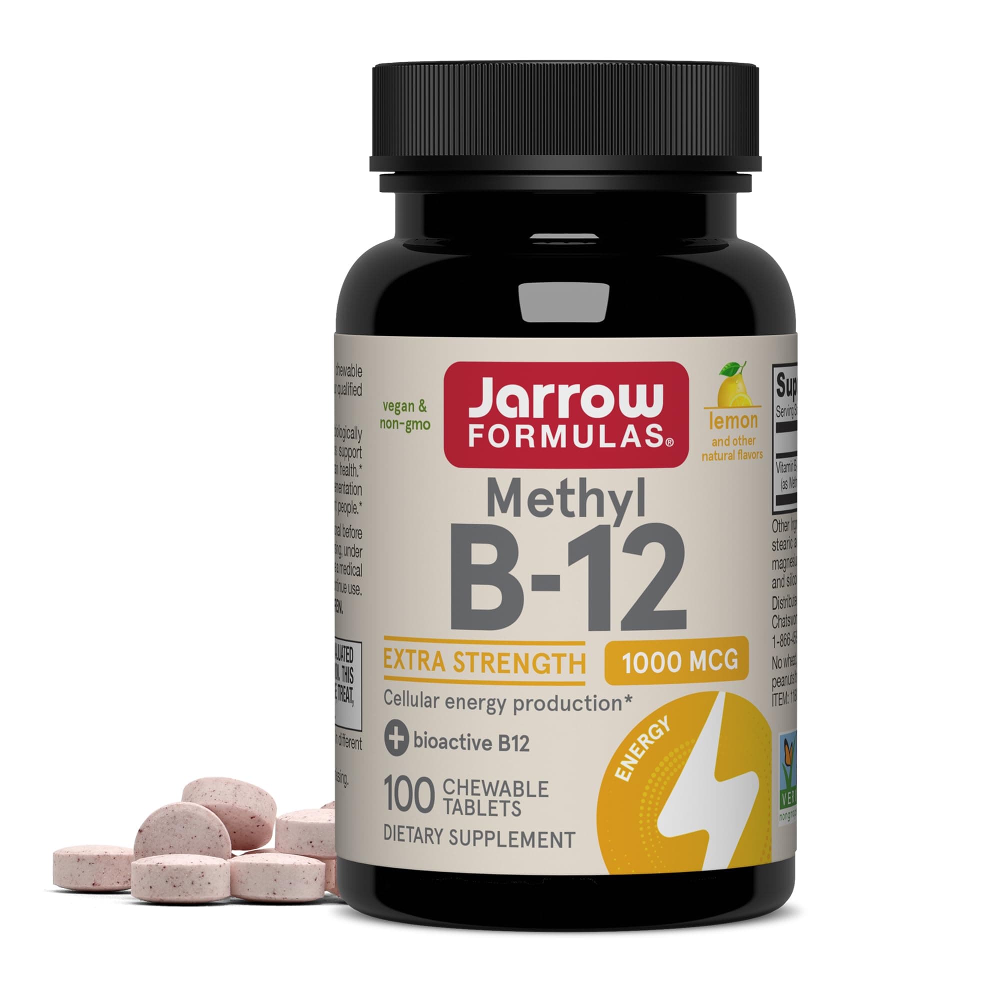 Jarrow Formulas Methyl Vitamin B-12 1000 mcg, 100 Chewable Tablets, Lemon Flavored- Bioactive B12 Vitamin - Supports Cellular Energy Production, Brain Health & Metabolism - 100 Servings