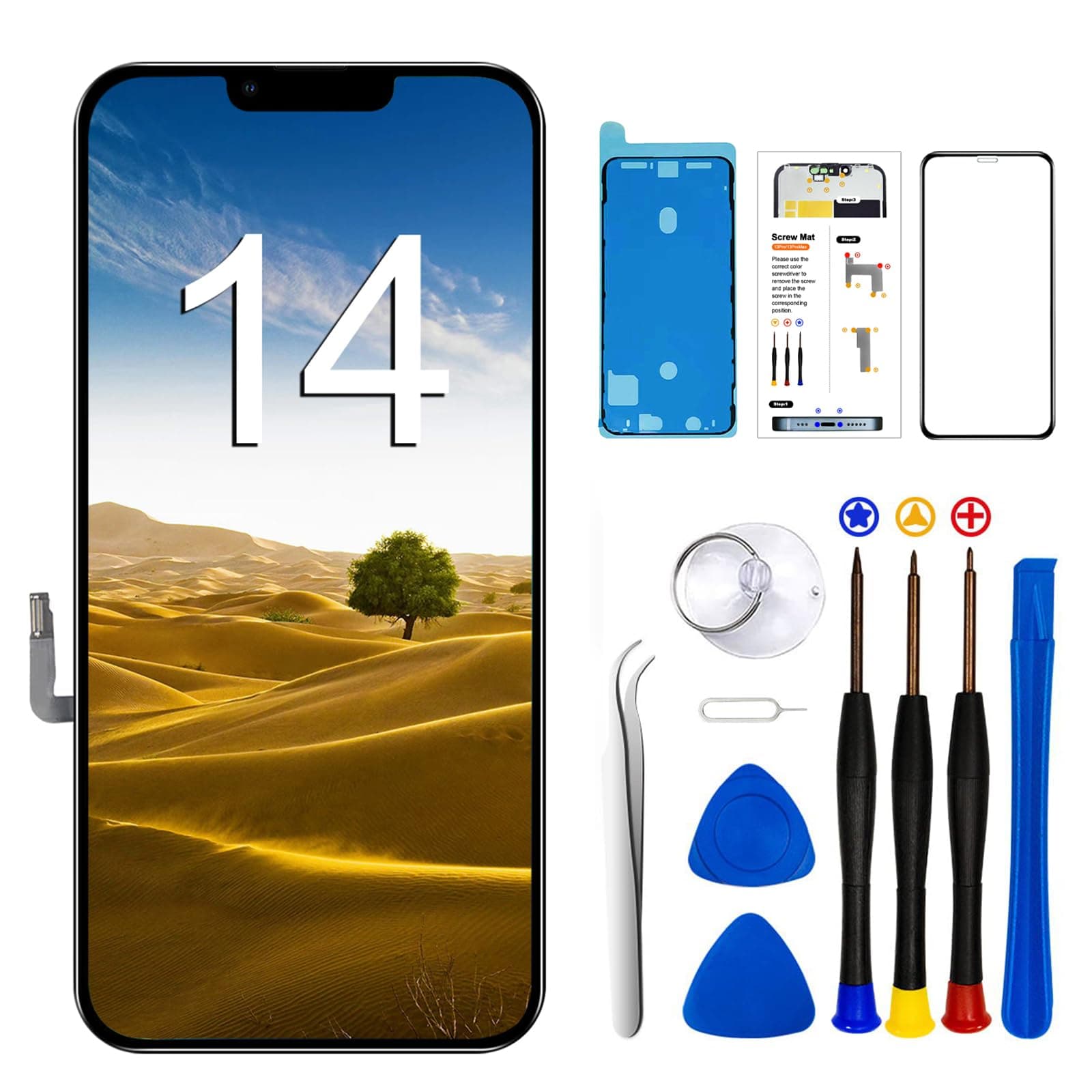 for iPhone 14 Screen Replacement Kit 6.1 inch, Full HD LCD Display 3D Touch Screen Digitizer Full Assembly + Repair Tools. Model A2649, A2881, A2884, A2883, A2882
