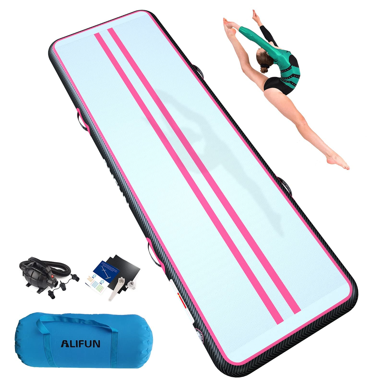 ALIFUNInflatable Tumbling Track Mat 6.6ft 10ft 13ft 16ft 20ft 30ft 40ft Length 4/8 Inches Thick 3.3ft/6.6ft Wide Flooring Training Mats for Gymnastics Team Sports with Electric Air Pump