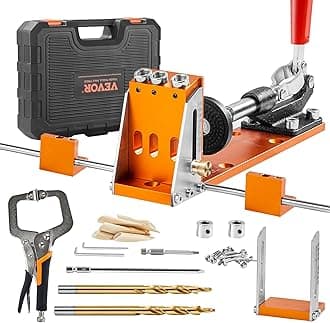 Pocket Hole Jig Kit, 34 Pcs Pocket Hole Jig System with 11" C-clamp, Fixture, Step Drills, Wrenches, Drill Stop Rings, Square Drive Bits, Toolbox, Adjustable, for DIY Carpentry Projects