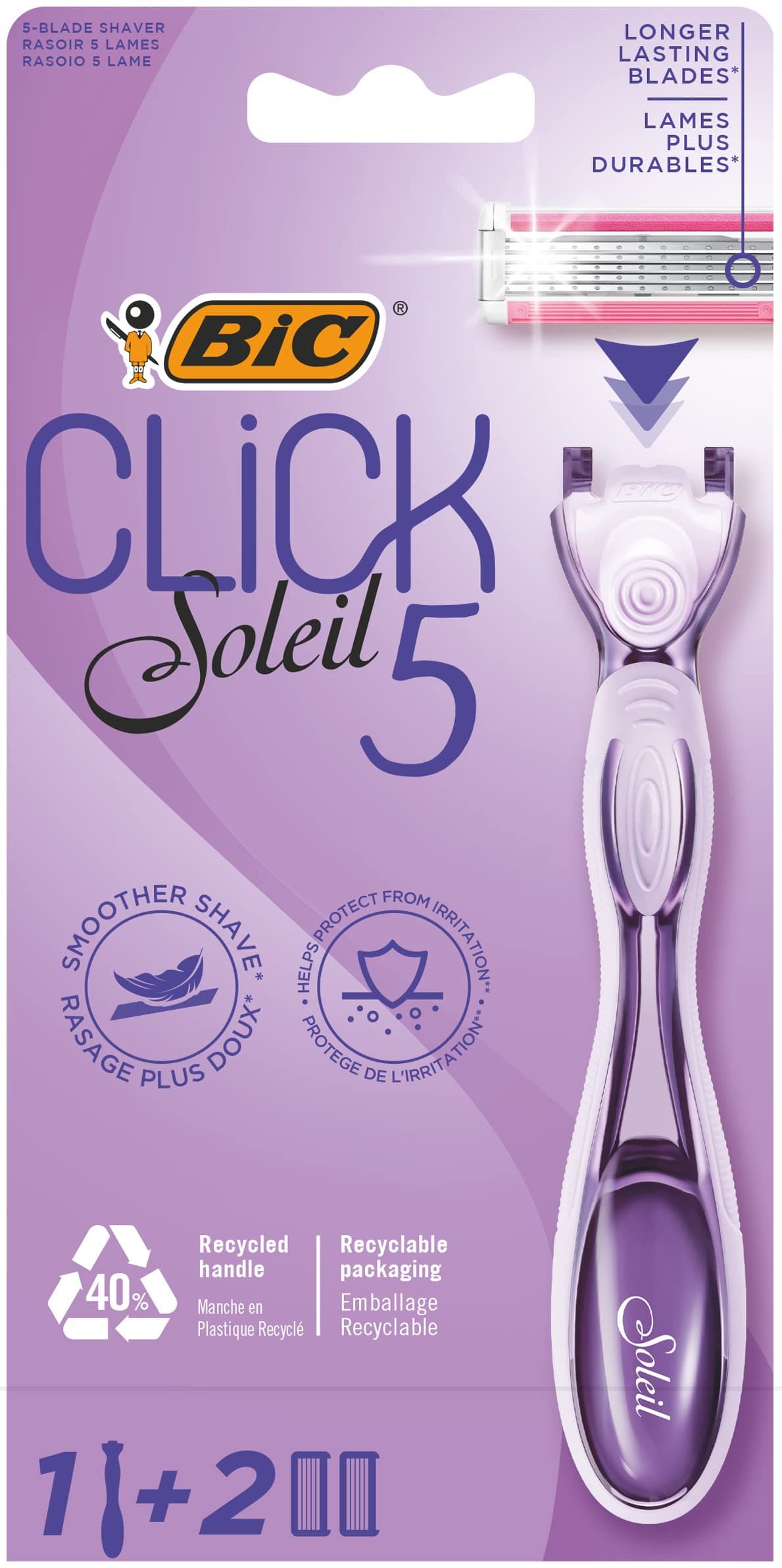Click 5 Soleil Refillable Women's Razor, 40% Recycled Plastic Handle with Rubber Grip, 2 x 3-Blade Refills - Box of 1+2, Purple