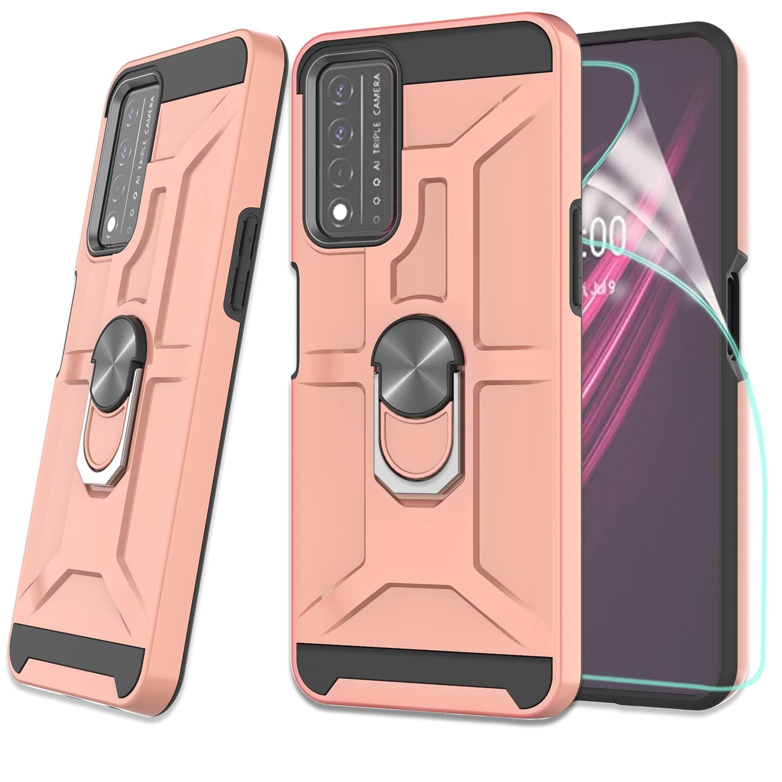 ZingCon Compatible for TCL T-Mobile Revvl V+ 5G Case,[HD Screen Protector] Shockproof Protective Phone Case with Ring Kickstand Fitting Magnetic Car Mount for Revvl V Plus 5G-Rose Gold
