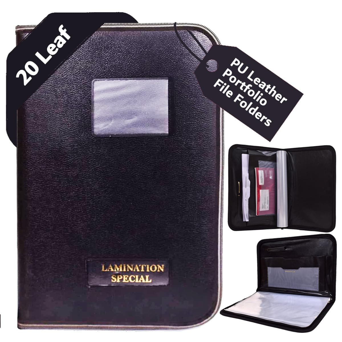FUTURE XPu Leather 20-Leaf File Folder,Interview Portfolio Professional Files,Zipped File Folders,And Document Holder File Organiser Leaf Certificate File Holder,Bag(Plain Black Portfolio_Pack Of 1)