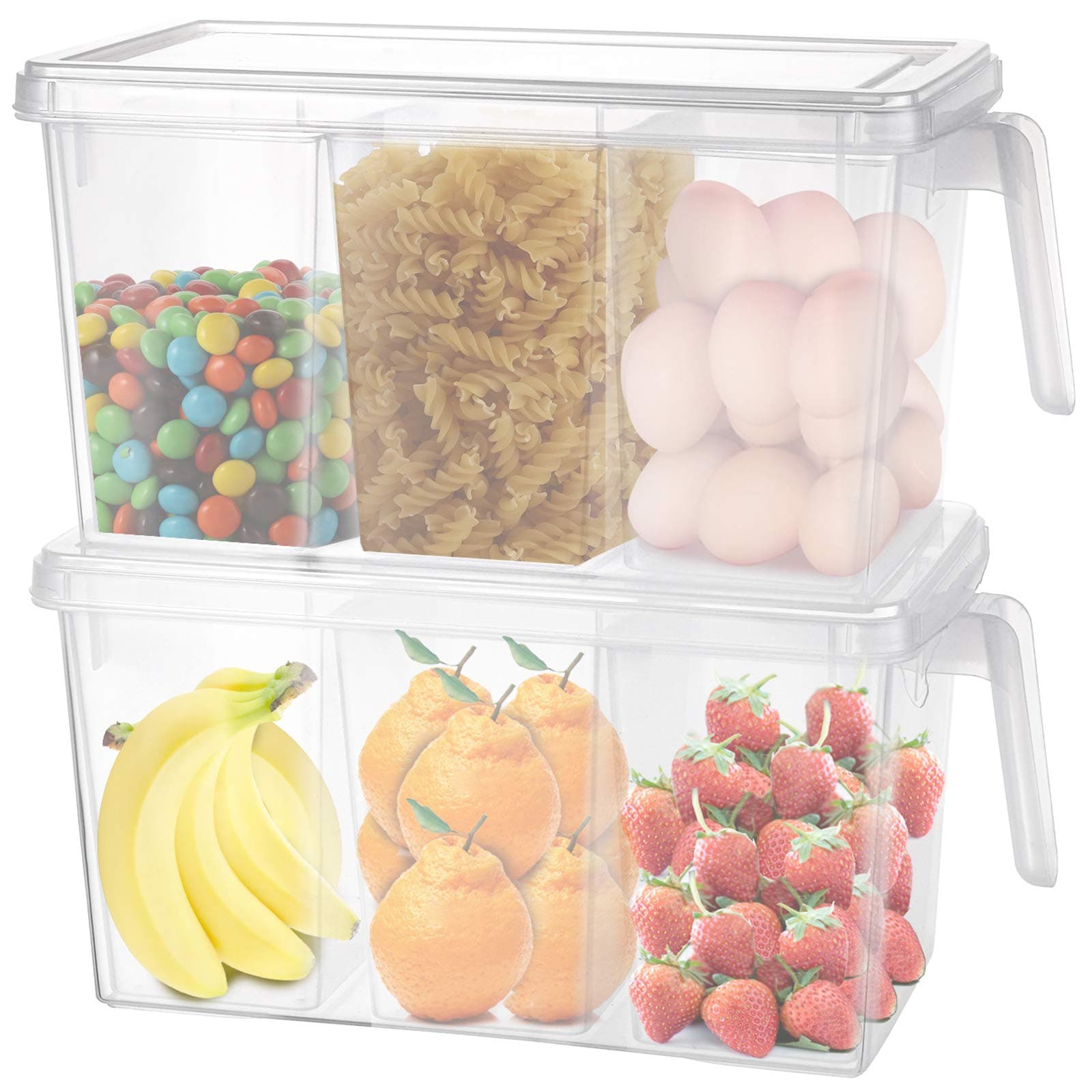 Yesland 2 Pack Plastic Storage Containers with Lids, 5 L Clear Food Storage Organizer Boxes with 6 Removable Bins/Stackable Refrigerator Organizer with Handle for Refrigerator Fridge Cabinet Desk