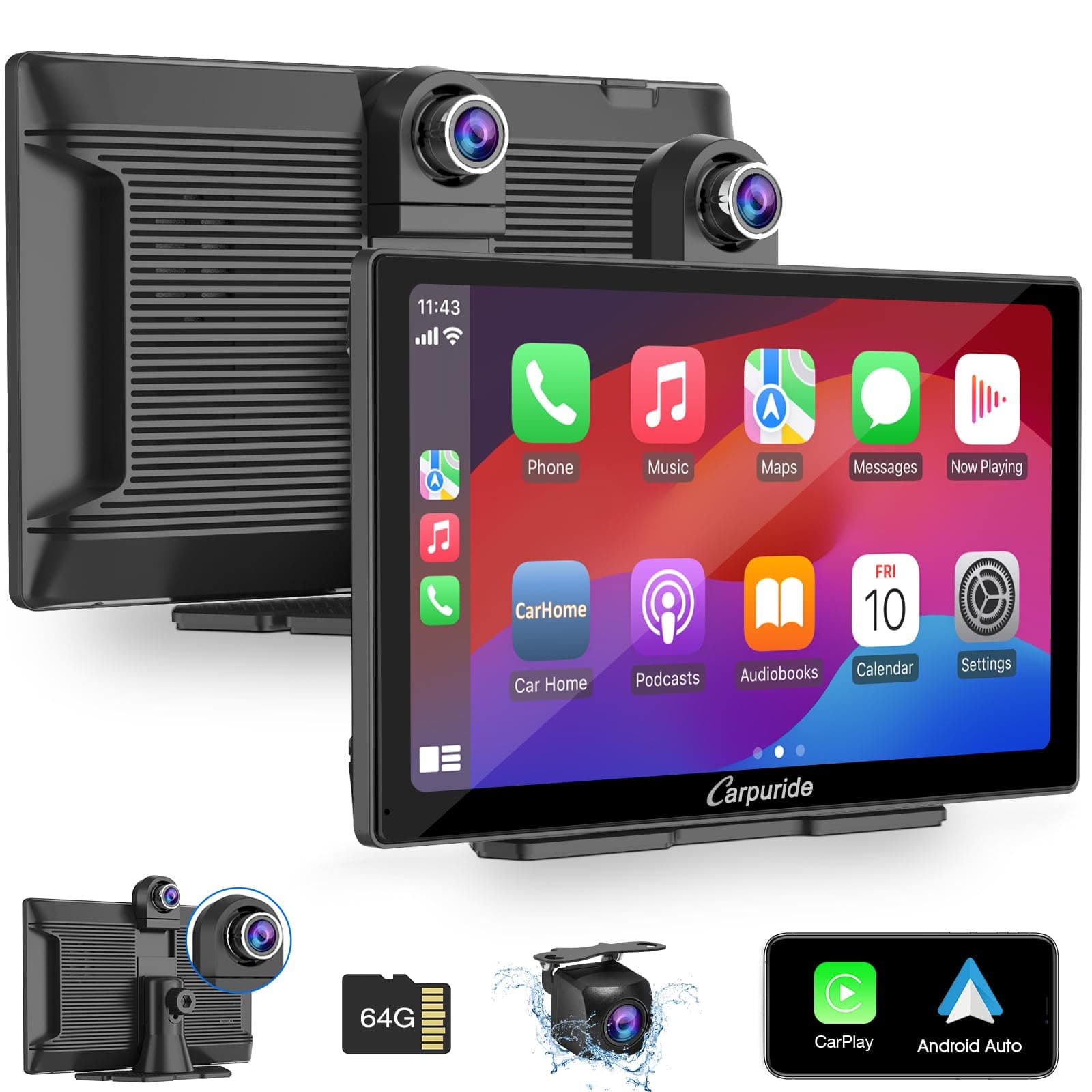 Carpuride W905 Car Screen with Dash Cam, Wireless Carplay & Android Auto, Portable 9" HD Touchscreen, 4K Front & Backup Camera, Loop Recording, Bluetooth, Mirror Link, GPS, Siri, FM/64G TF Card.