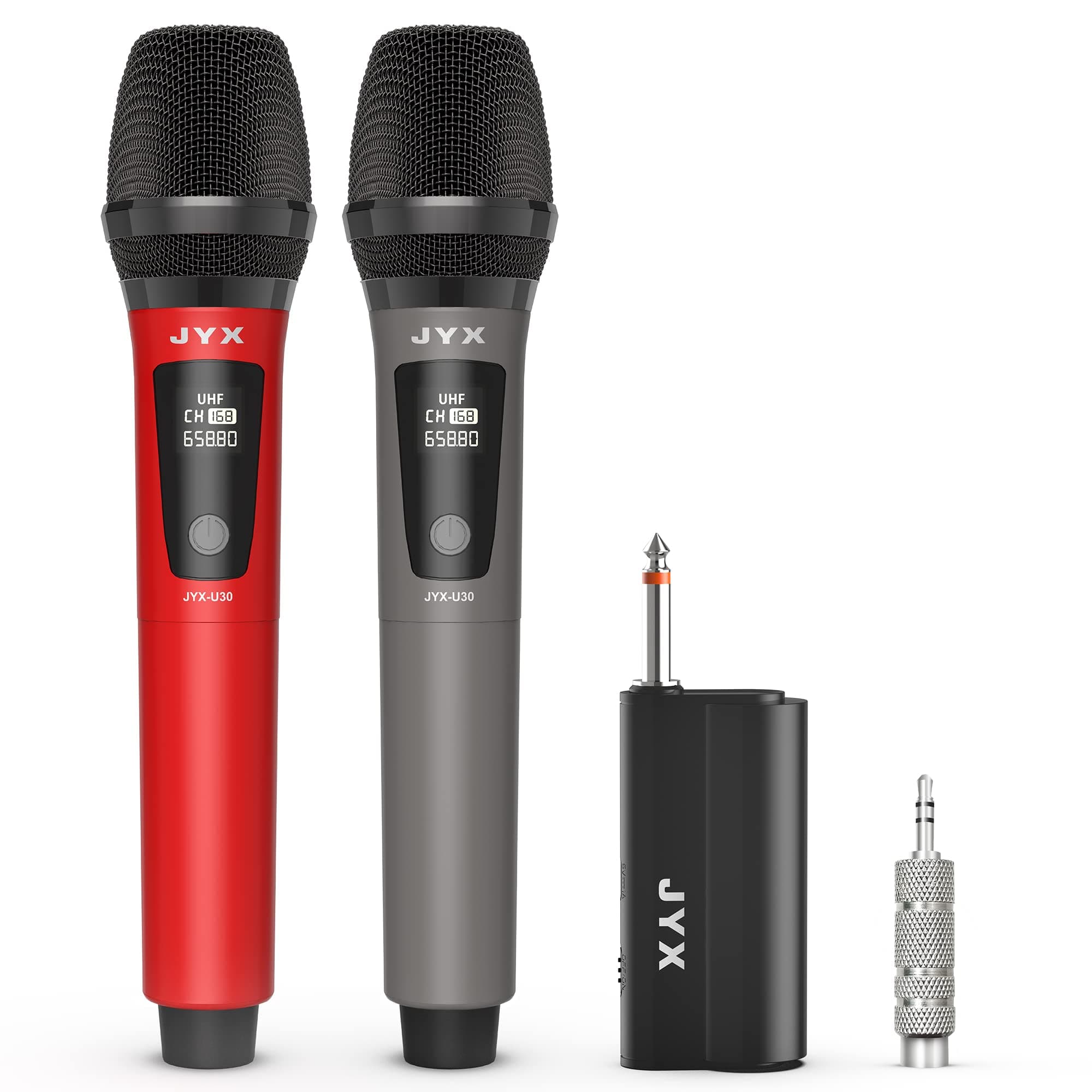 JYX Wireless Microphones, Dual UHF Handheld Dynamic Mic with Receiver, 6.35mm(1/4")Output,3.5mm (1/8") Adapter,160ft Range, Metal Rechargeable Karaoke Microphones for Party, Wedding, Class, Speech