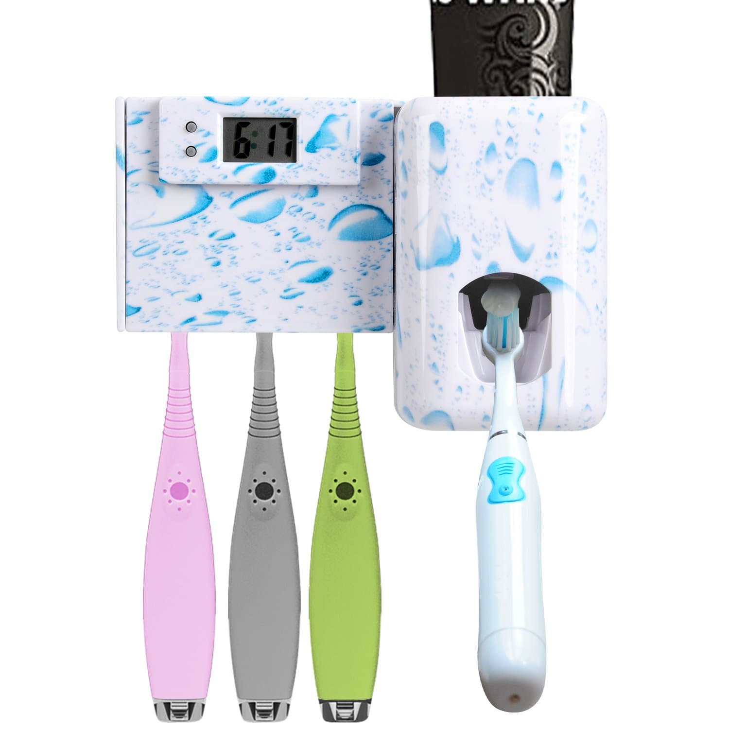 Wekity Toothbrush Holder Single Combination Automatic Toothpaste Dispenser Anti-dust Cover Toothpaste Squeezer Kit with Electric Watch, 3 Holders Wall Mounted Bathroom Accessories Storage Set (White)