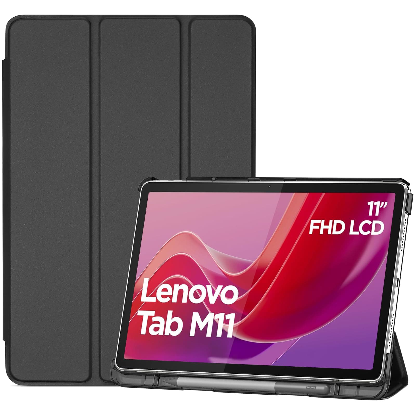 Smart Case for Lenovo Tab M11/Tab K11 LTE 11" 2024 TB330FU with Pen Holder, Slim Stand Tri-Fold Hard Shell Protective Tablet Cover Translucent Back Case Support Auto Wake/Sleep -Black