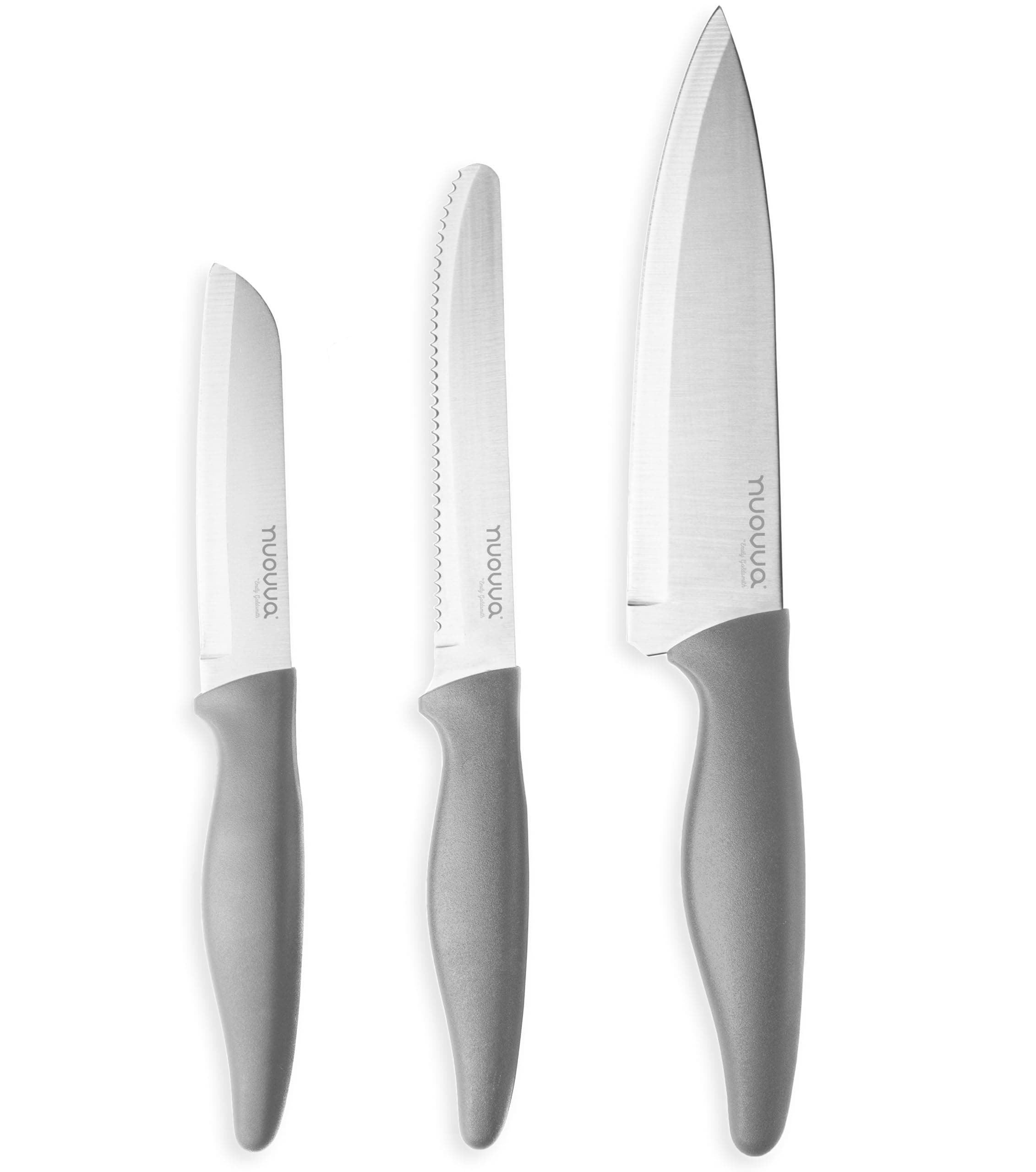 nuovva Sharp Kitchen Knife Set – 3pcs Grey Kitchen Knives – Stainless Steel Non Stick Blades – Includes Chefs Knife, Tomato Knife and Paring Knife