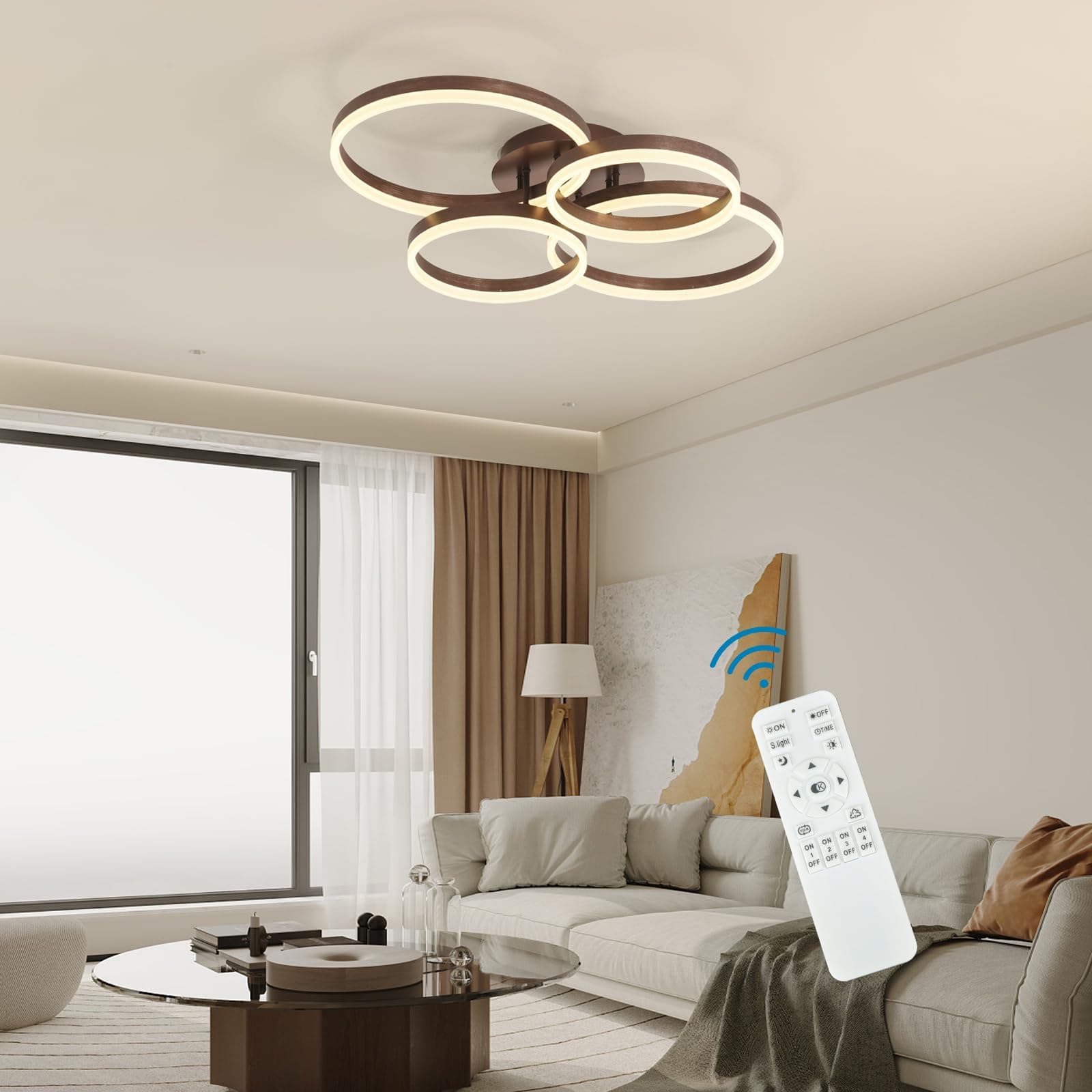 Dimmable 90W LED Ceiling Light,Modern Acrylic Surface Mount Chandeliers,2+2 Rings Chandelier Modern Flush Mount Ceiling Light for Living Dining Room Bedroom 3000K-6000K