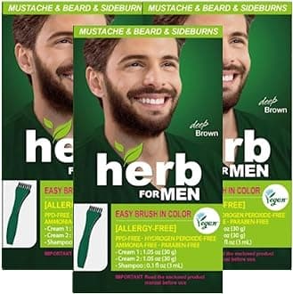 Herb For Men Mustache & Beard Dye (Deep Brown, 3 Pack), PPD-Free Ammonia-Free, Vegan with Natural Ingredients, Gentle for Sensitive Skin, No Skin Irritation