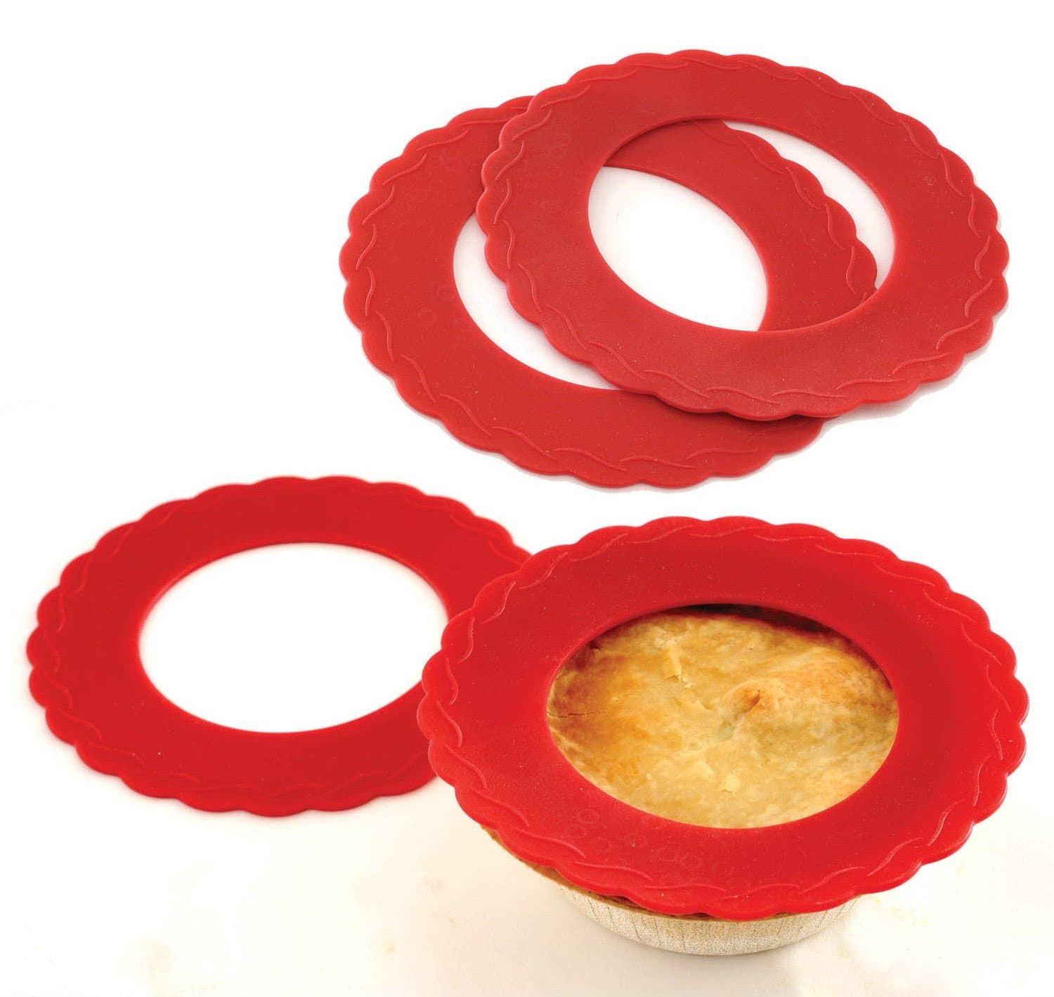 4 Set Mini Silicone Pie Pan Shields Red 5" - 6" Pies Protects Crust