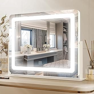 PRIMETEK Vanity Mirror with Lights, 22"x19" Large Makeup Mirror with Lights, Hollywood LED Lighted Makeup Mirror, Touch Sensor with 3-Color Lighting, Dimmable for Vanity Desk Tabletop, Bedroom, White