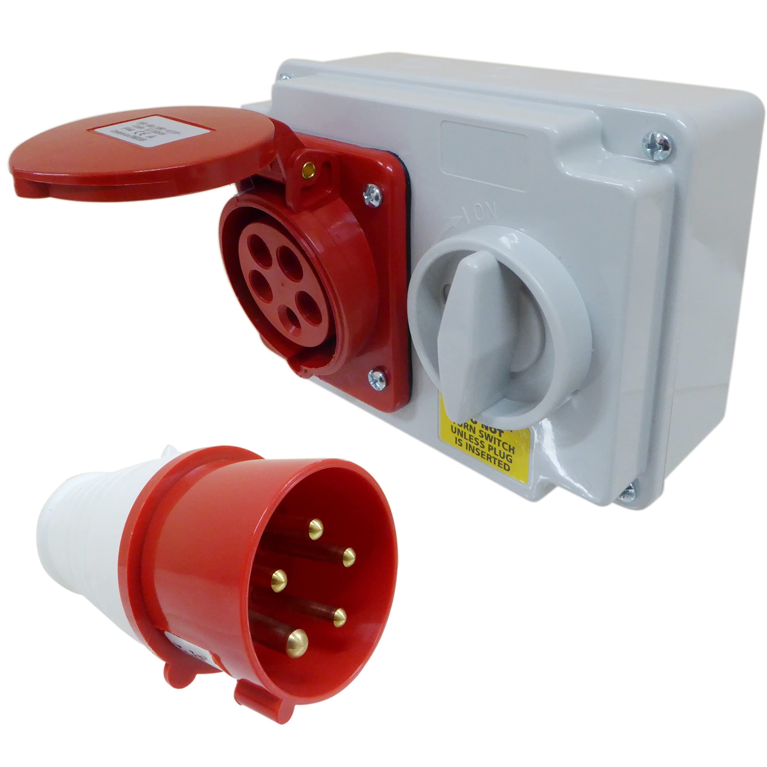 16A Interlocked Socket and 16 Amp Plug 5 Pin 3PNE 400v Red Wall Mount IP44 Switched 3 Phase