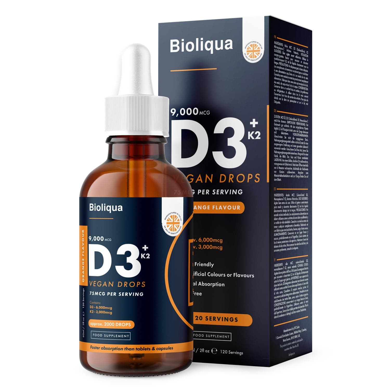 Vitamin D3 + K2 Liquid Drops - Vegan - High Strength 2000iu D3 + 25mcg K2-2 Month Supply - 120 Servings - 9,000mcg per 60ml Bottle - Sublingual Fast Absorption - Made in UK by Balance (1x Pack)