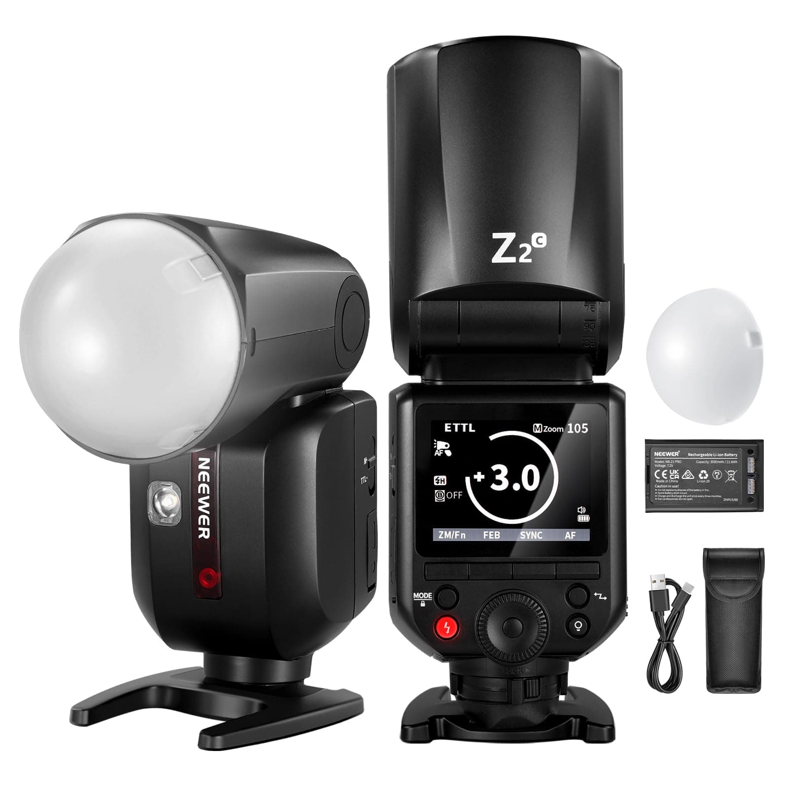 Z2-C 2.4G TTL Round Head Flash Speedlite Compatible with Canon Cameras, 76Ws 1/8000s HSS with Diffuser, 2 Modeling Lamps, Upgraded UI, TTL/M Toggle Key, 3000mAh Battery, 600 Full Power Flash