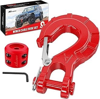 Nilight Forged Steel Winch Hook 3/8" Grade 70 Safety Latch Winch Cable Hook Stopper & Clevis Slip Hook Sets, Included Allen Wrench,Max 35,000 lbs, Red
