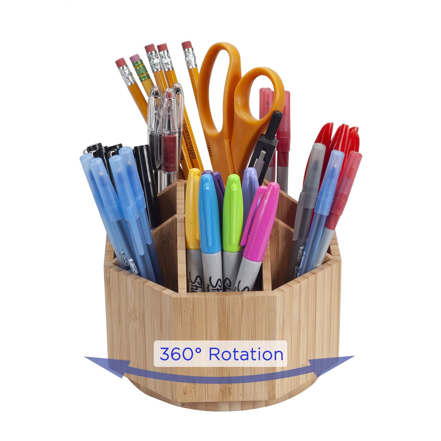 MobileVisionBamboo Rotating Office & Art Supply Organizer Multiple Compartments, 9 Sections for Pens, Pencils, Highlighters, Markers, Scissors, Accessories & More