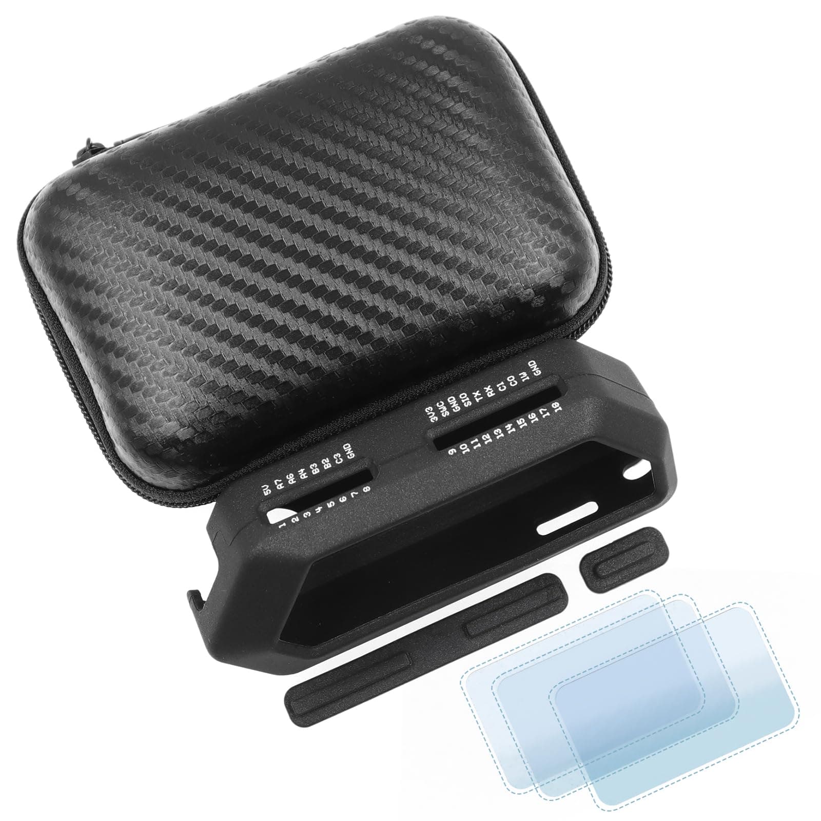 5 in 1 Protective Accessories Soft Silicone Case & EVA Carrying Case & 3 Pack of Screen Protect & SD Card Dust Plug & GPIO Dust Plug for Flipper Zero - Black Set (Black)