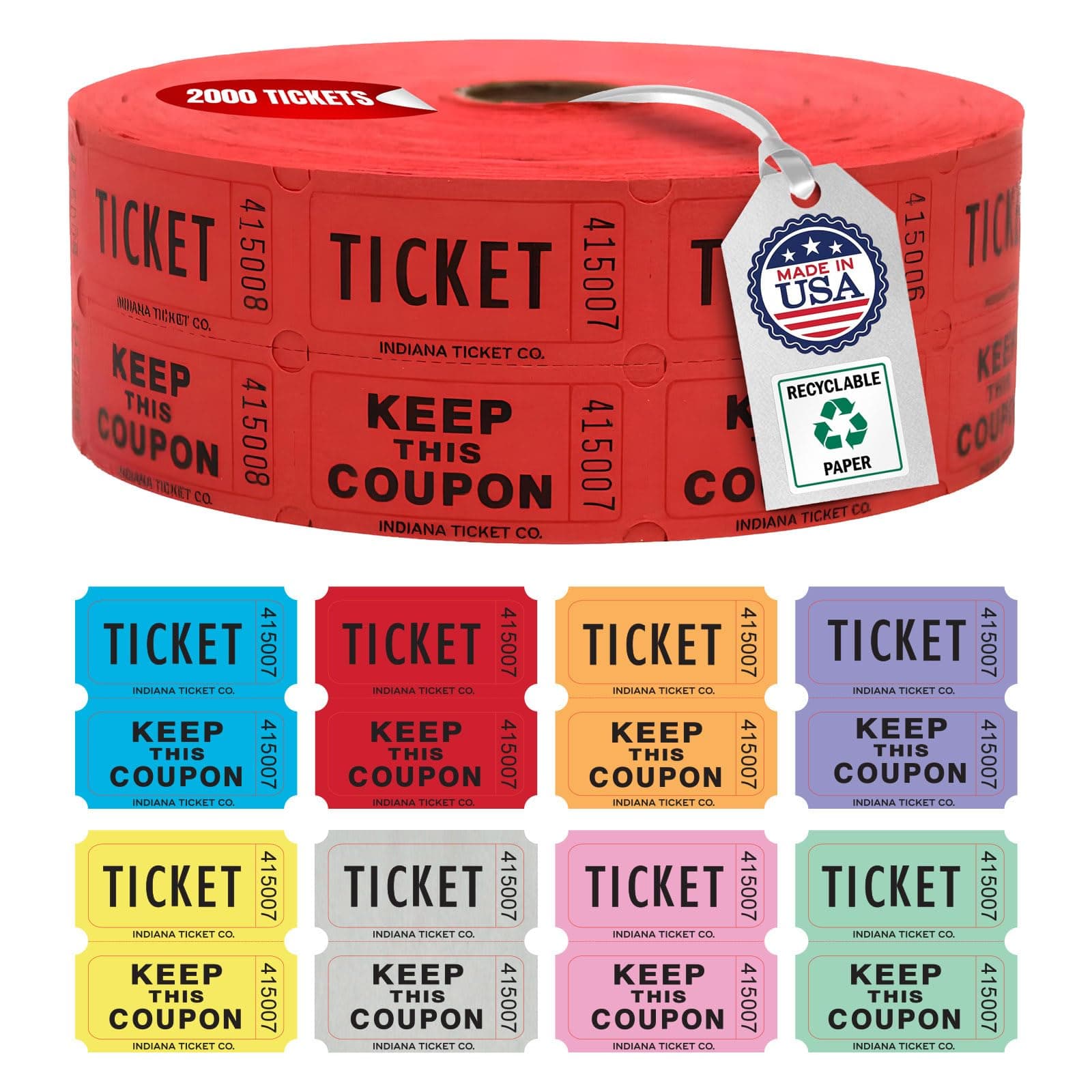 INDIANA TICKET COMPANY Red Double Raffle Roll, 2000/roll