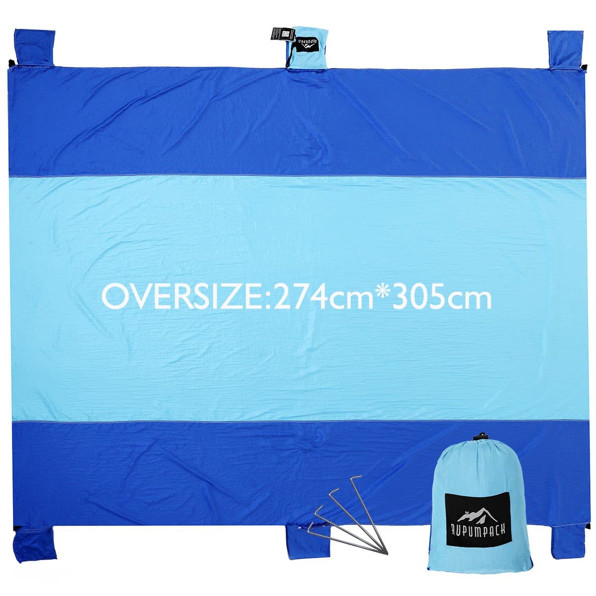 RUPUMPACK Sand Escape Oversized Beach Blanket - 9' X 10', Portable Outdoor Picnic Mat, Strong Parachute Nylon, Machine Washable,Includes Four Stakes, Built In Sand Anchors & Valuables Pocket…