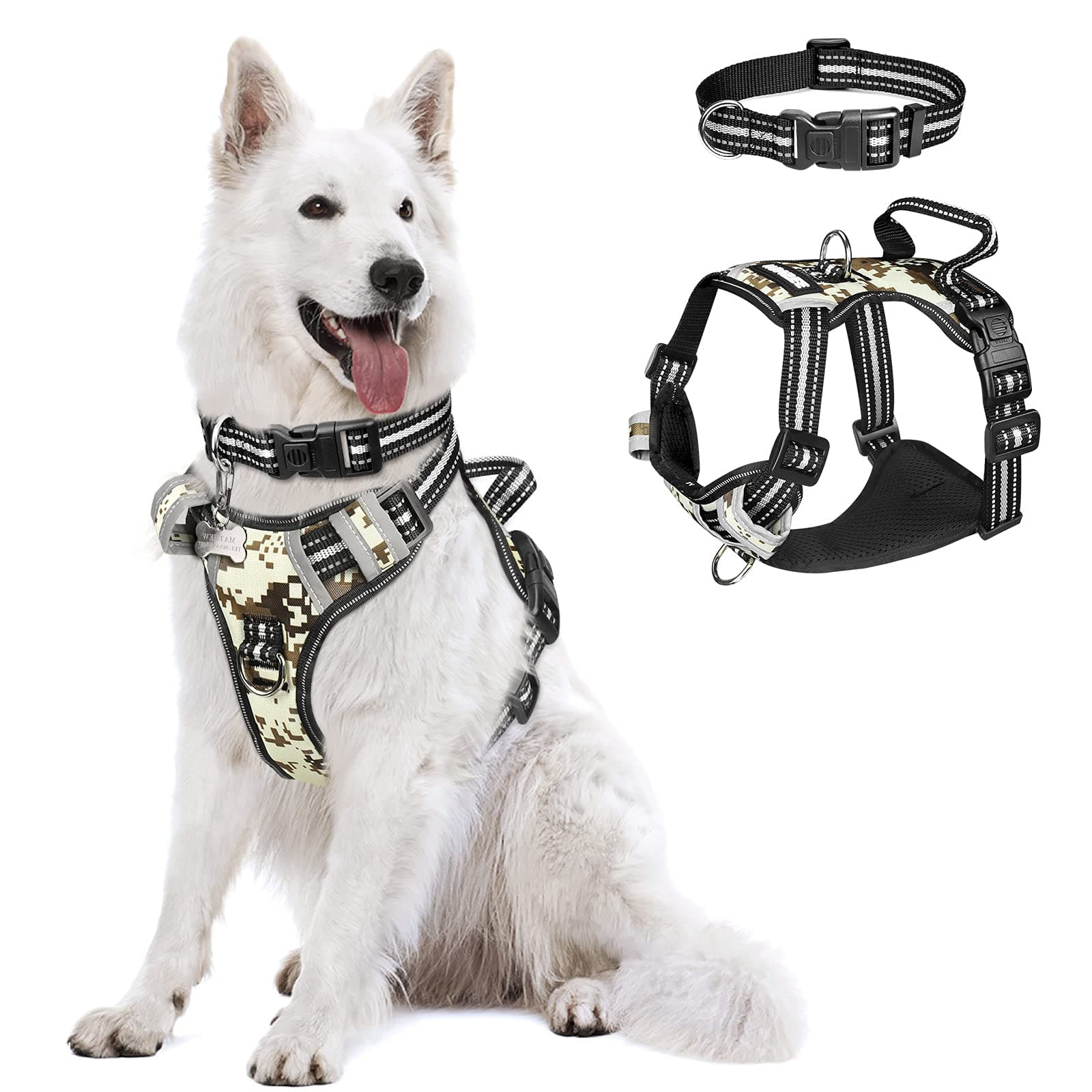 WINSEE Dog Harness Camo, No Pull Pet Harness with Dog Collar, Adjustable Reflective Padded Outdoor Vest, Front/Back Leash Clips for Small, Medium, Large, X Large Dogs, Easy Control Handle for Walking