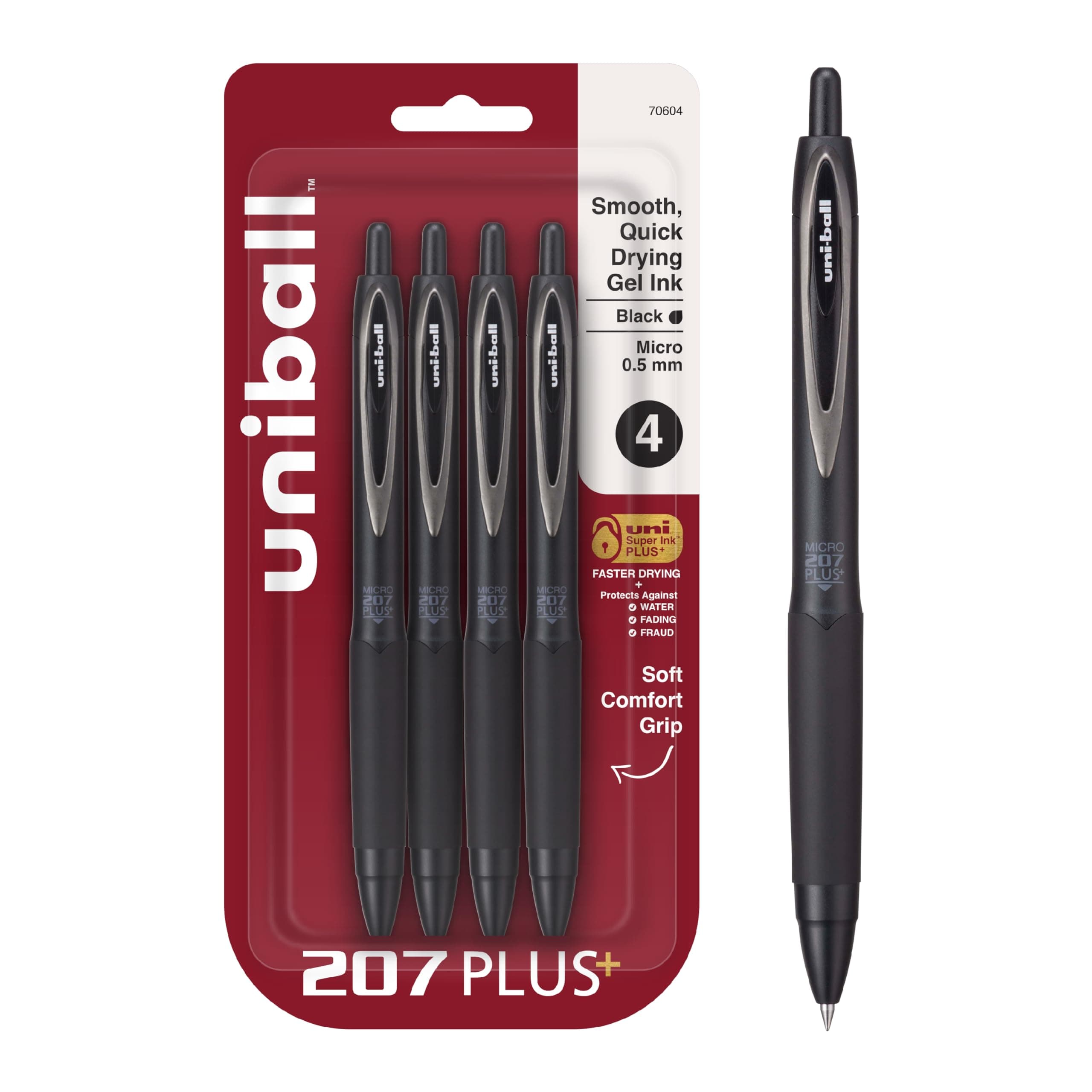 Uniball 207+ Black Retractable Gel Pens 4 Pack with Micro 0.5mm Point, Uni-Ball Click Pens are tamper-proof, best office pen, nursing pen, business pen, school pen, Bible pen