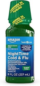 - Nighttime Cold & Flu Relief, Maximum Strength Multi-Symptom, Sore Throat, Cough, Fever Reducer, Pain Reliever & Antihistamine Liquid, Original Flavor, 8 fl oz (1-Pack)