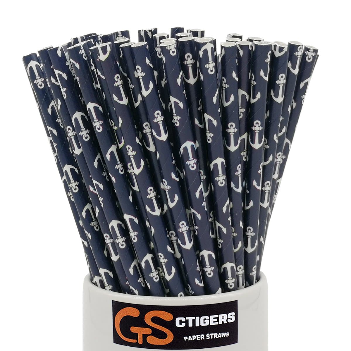 Cute Anchor Patterns Paper Straws Navy Blue Biodegradable Drinking Straws for Ocean Theme Party Box of 100