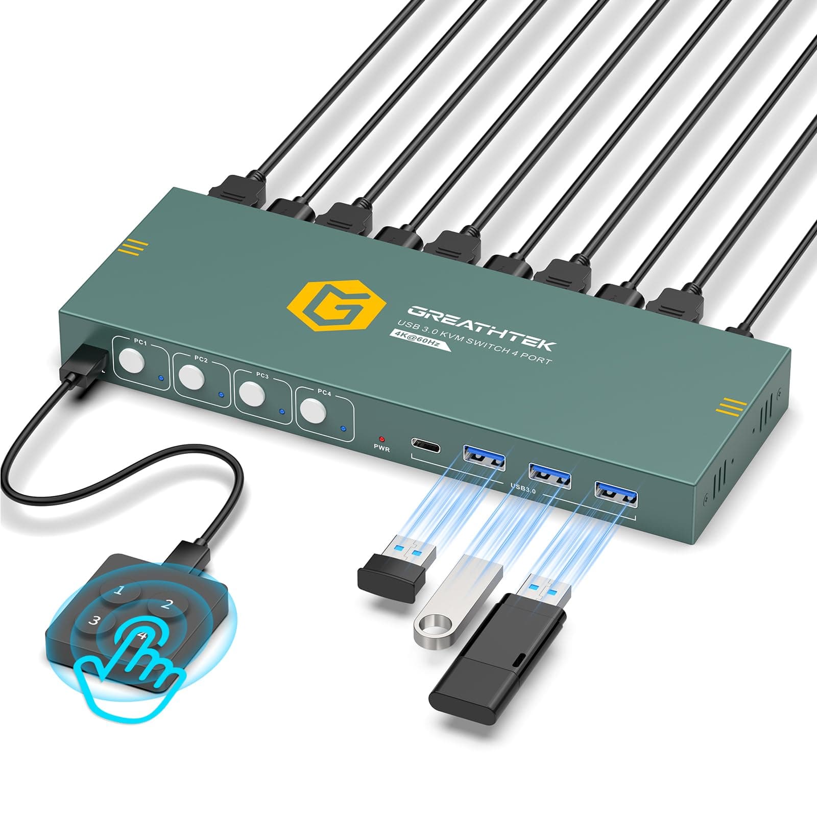 USB3.0 KVM Switch HDMI 4K@60Hz for 4 Computers Share 1 Monitor, KVM Switch 4 Port with 3 USB 3.0 Ports Share Keyboard Mouse, Support Button Switch, Plug and Play