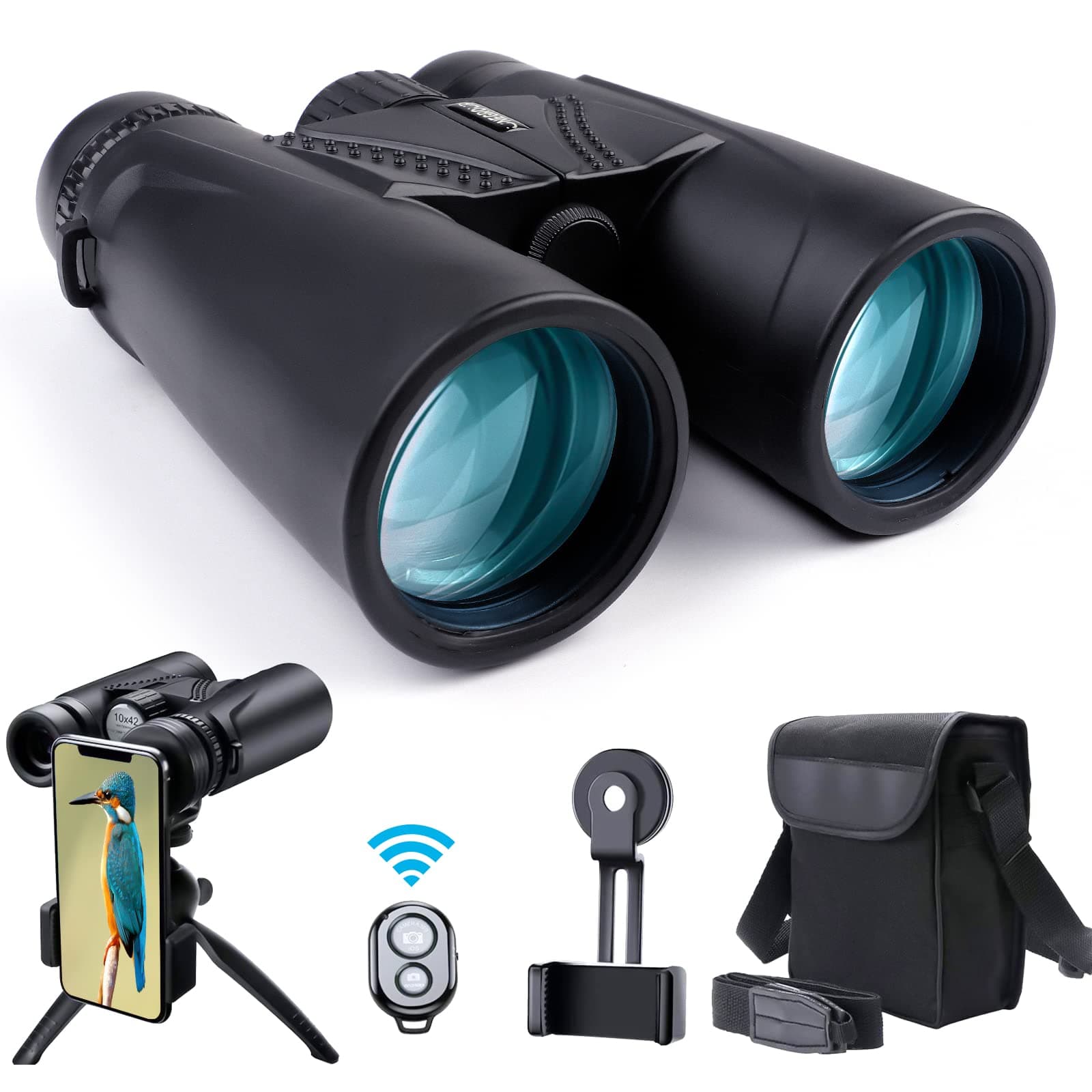 Binoculars for Adults 10x42 HD Low Light Vision Compact Binocular, Waterproof Lightweight Binocular Prism FMC BAK4 for Bird Watching Sports Games with Smartphone Adapter Tripod