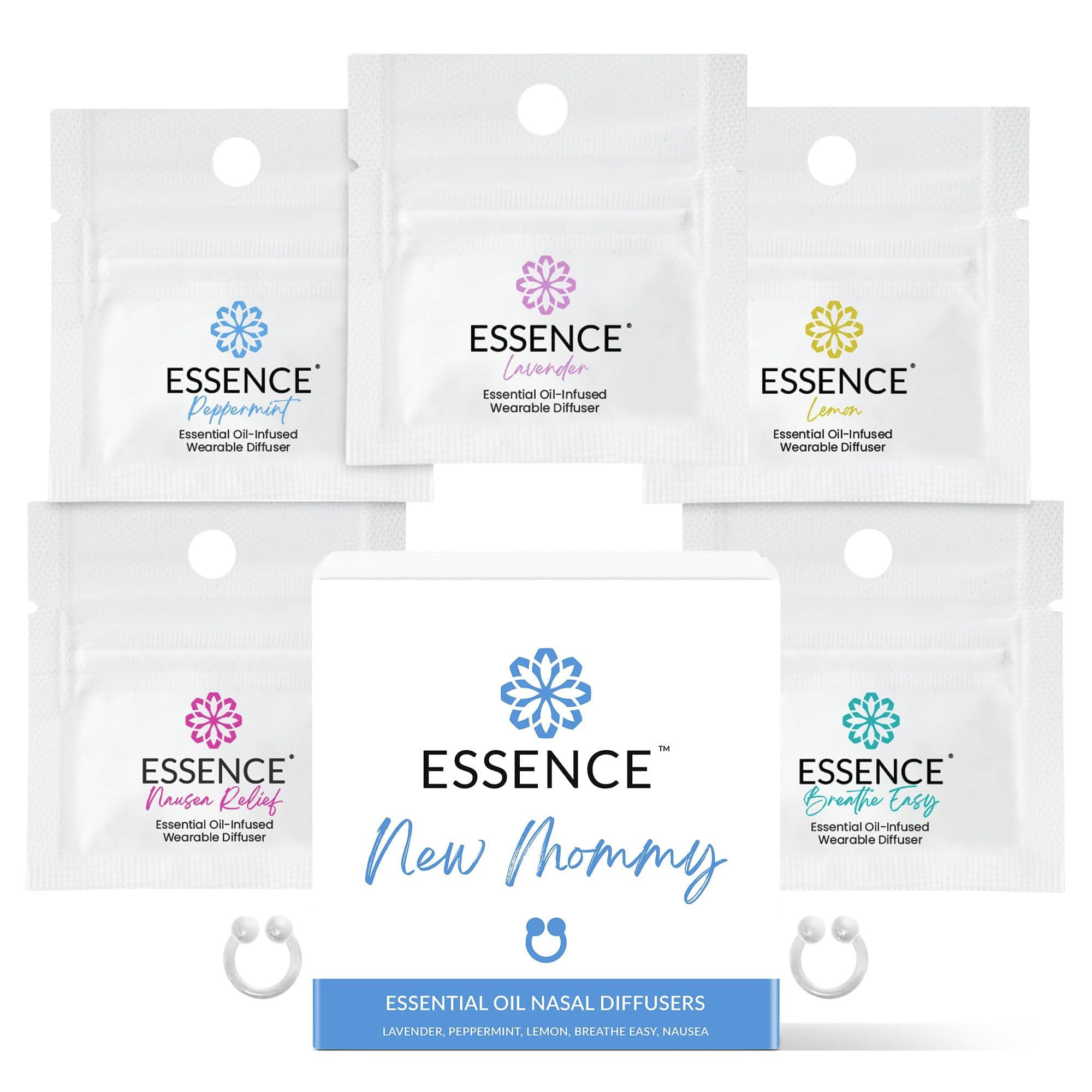 Essence Nasal Diffuser New Mommy Bundle – Essential Oil Silicone Nose Rings for Morning Sickness & Motion Sickness Support – Wearable Blends Pack for Pregnancy & Travel