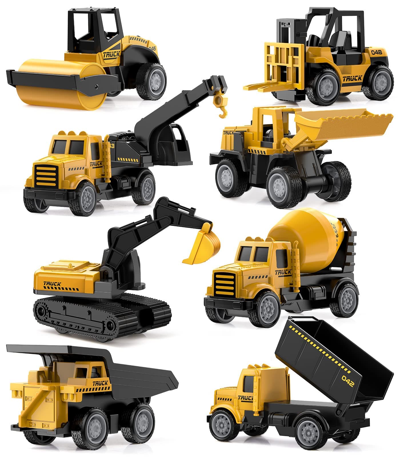 Geyiie 8 Pack Alloy Diecast Construction Vehicle Toy Set, Pull Back Trucks with Excavator Dump Truck Bulldozer Forklift, Durable Gift Toys for Toddlers Kids Boys & Girls
