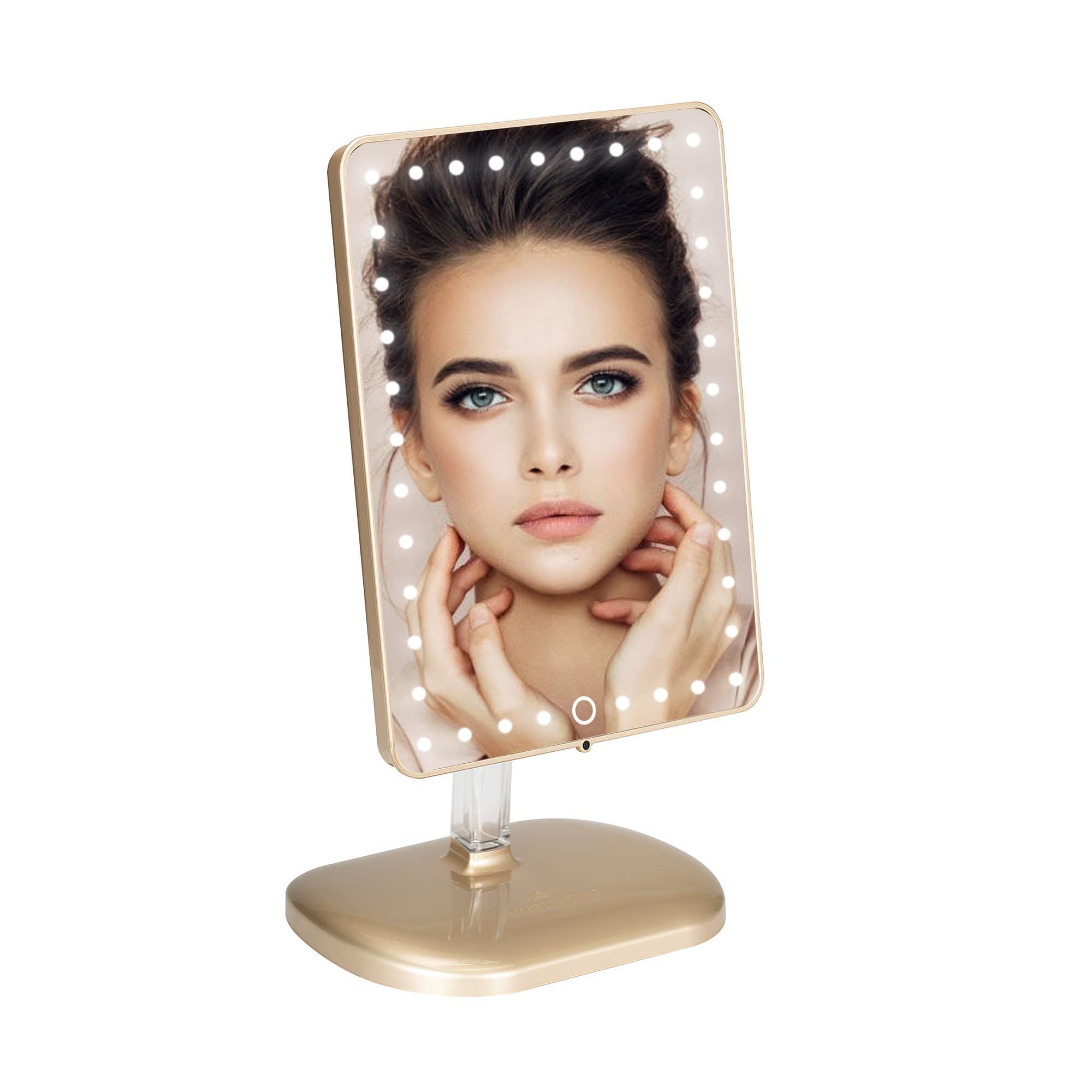 Impressions Vanity Touch Pro Makeup Mirror with LED Lights, 360 Adjustable Rotation Rectangle Vanity Mirror with Touch Screen Switch and USB Charging Port (Champagne Gold)