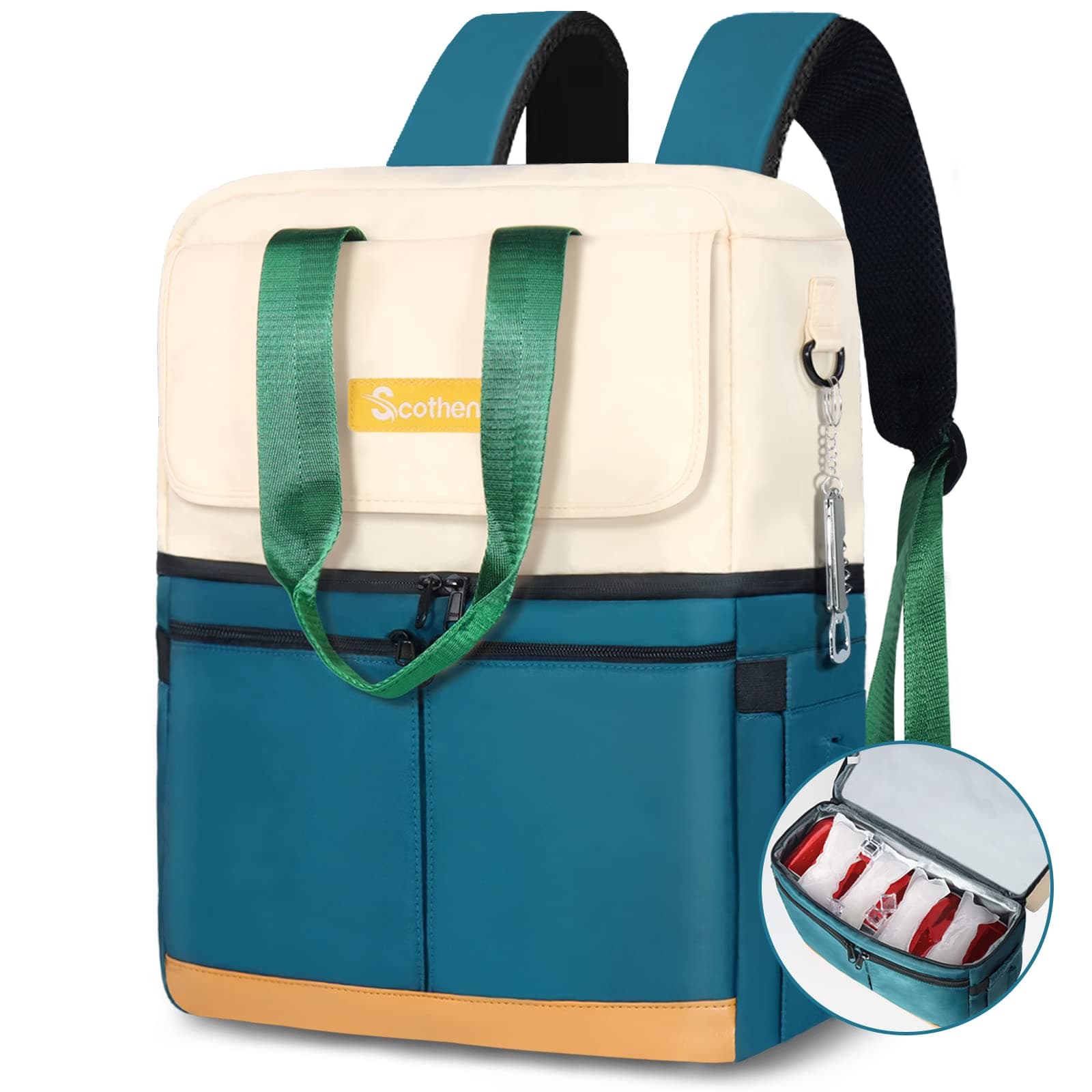 Scothen Backpack Cooler with Double Decker & 12 Ice Packs- Keeps 36 Cans Cold for Up to 24 Hours- Waterproof & Leak Proof Insulated Cooler Backpack- Stylish Lunch Backpack for Women Work Beach Picnic