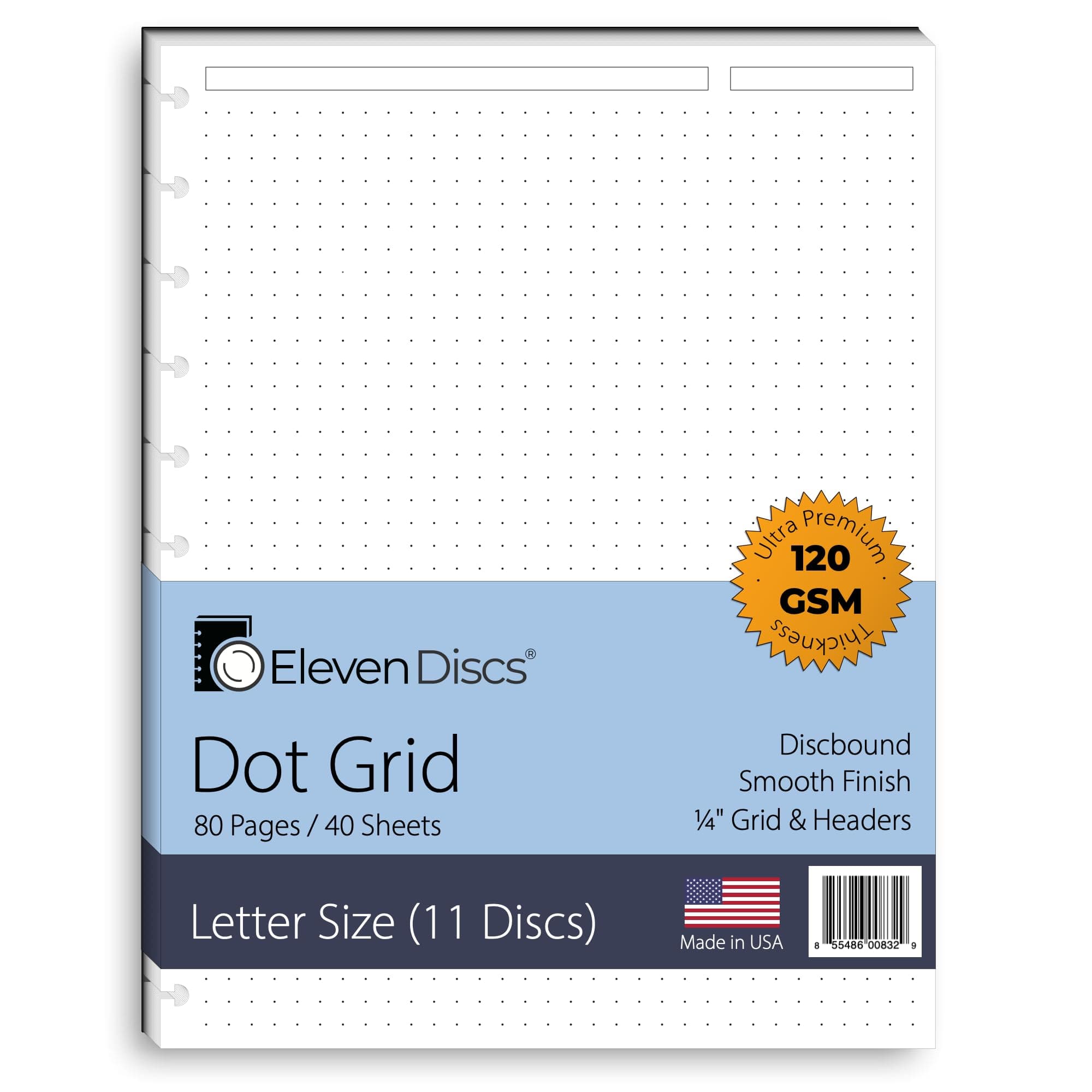 Eleven Discs Discbound Paper, Letter Size Dot Grid Sheets - Premium 120gsm Heavyweight Notebook & Planner Refills - 11 Discs, 8.5 x 11 in - Punched for Circa, Arc, TUL (40 Sheets)