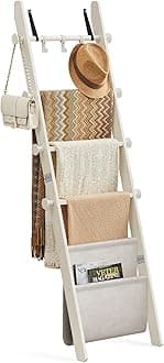 VASAGLE Blanket Ladder for Living Room, 5-Tier Wooden Ladder Shelf, Decorative Farmhouse Blanket Rack with Synthetic Leather Bag, Metal Hooks, Side Hooks, for Bedroom, Cream White ULLS022W01