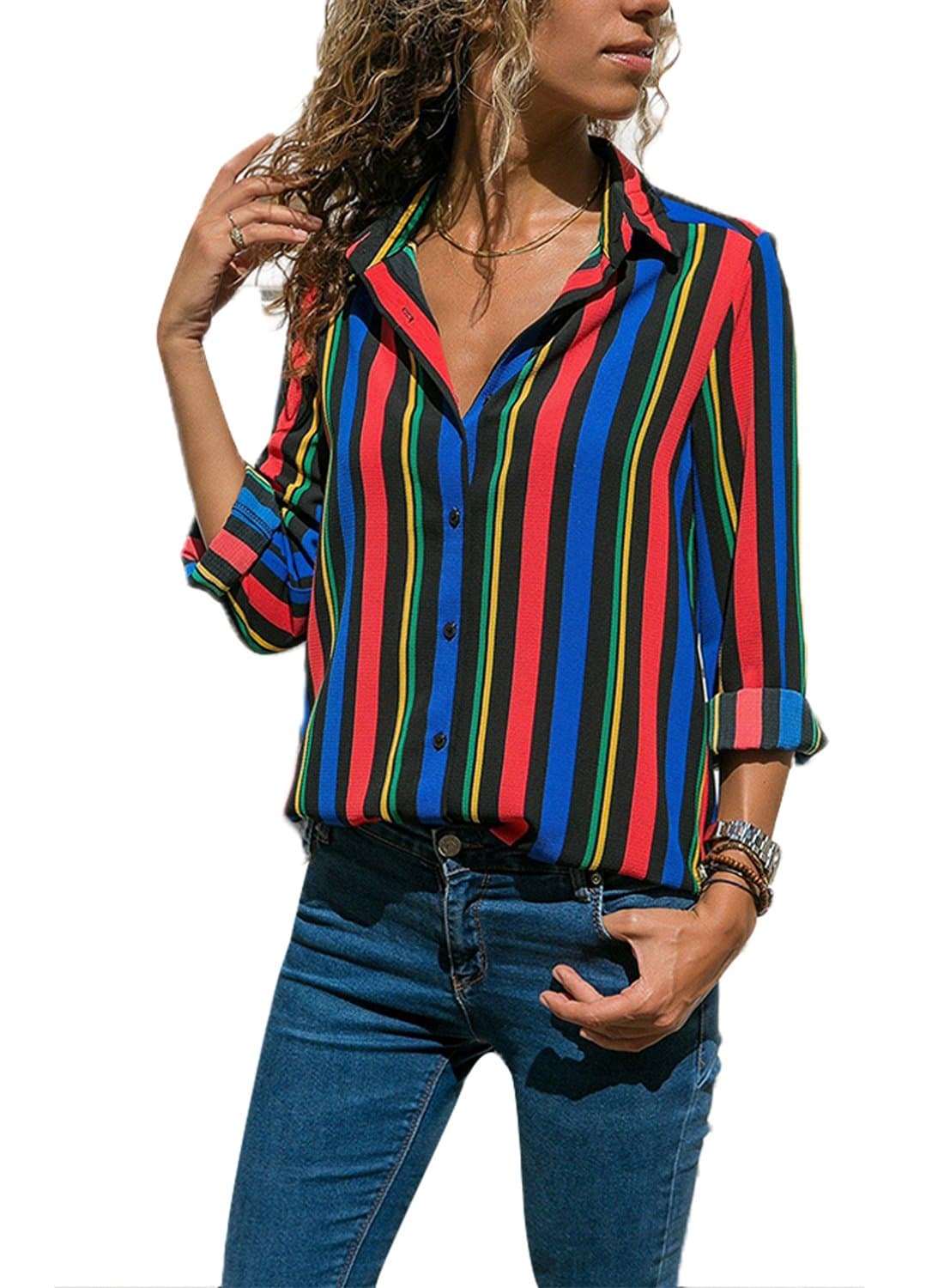 Womens Striped Tops Long Roll Sleeve Button Down Blouses V Neck Casual Chiffon Shirt