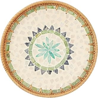 Kmelep Round Rattan Tray with Mother of Pearl Inlay, Rattan Serving Tray with Wooden Base, Decorative Wicker Basket for Table Decor, Storage and Display of Coffee Bread Food Fruit (Bohemia)